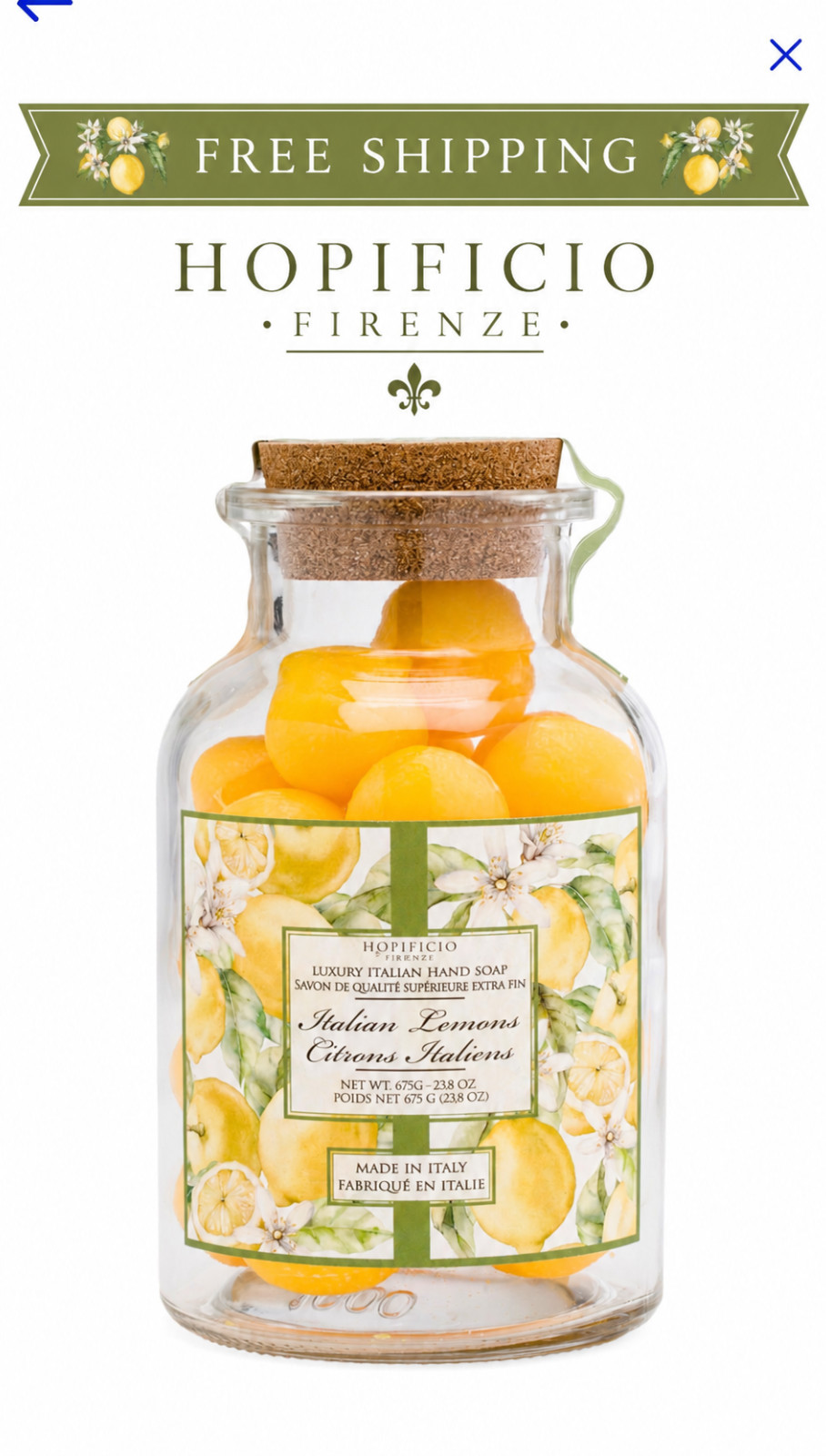HOPIFICIO FIRENZE Glass Jar Of ITALIAN Finest Triple Milled Lemon Soaps -23.8 Oz