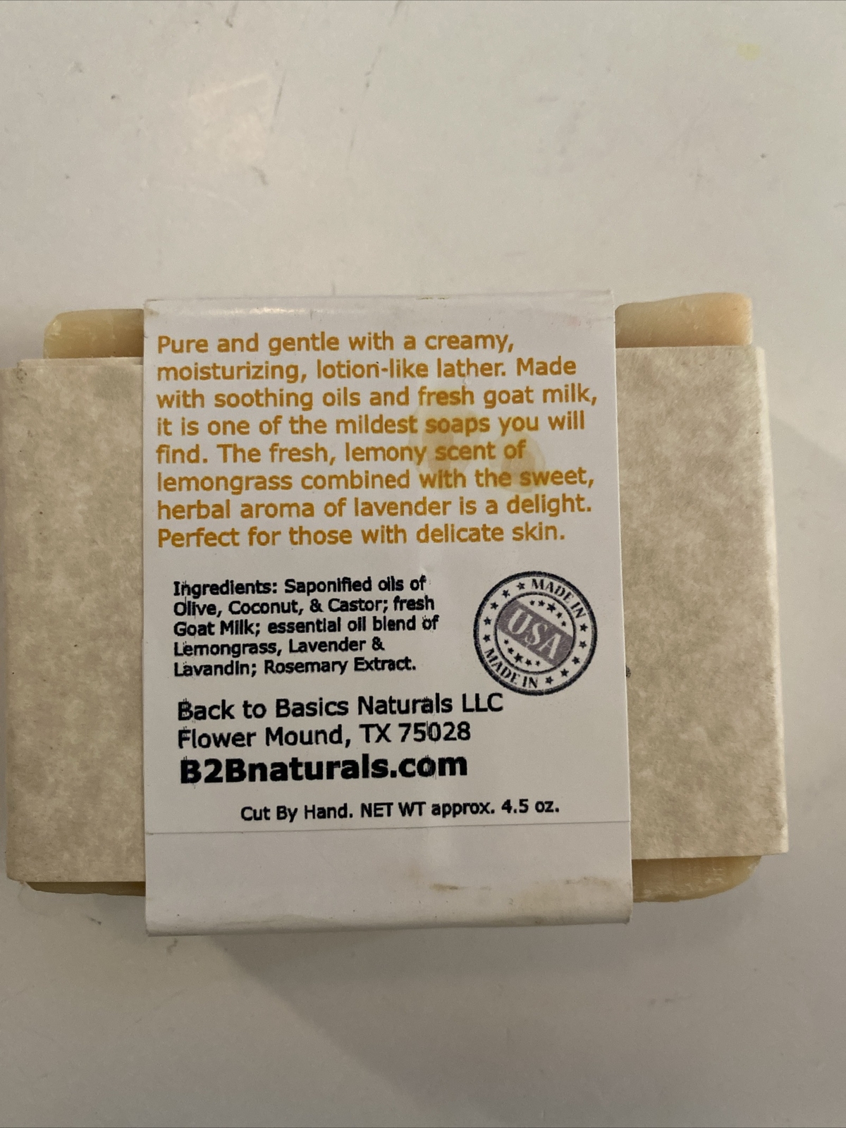 Goat Milk Soap Bar Lavender & Lemongrass Back 2 Basics Castile Cream 4.5 Ou Tex