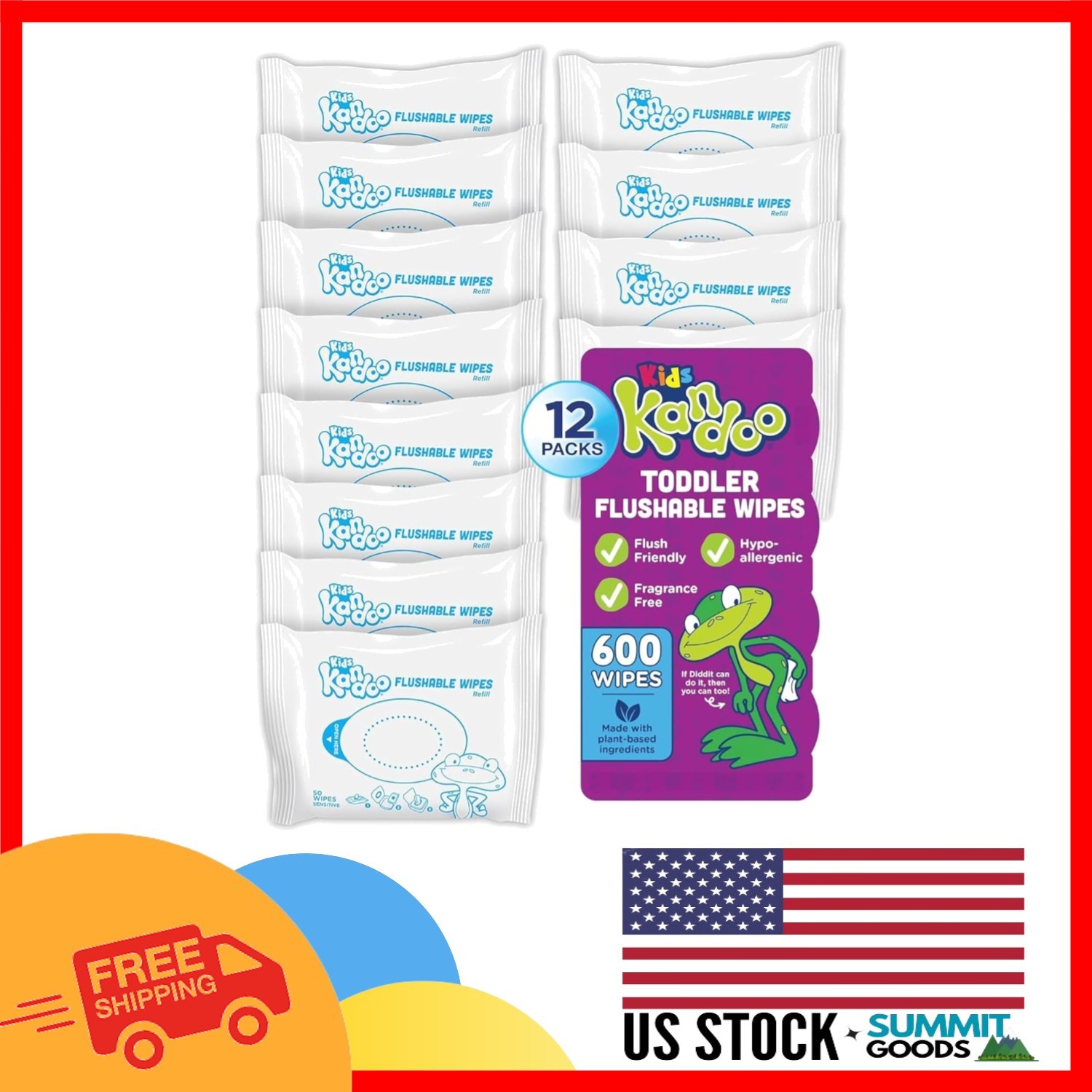 50 Count Pack of 12 Sensitive Hypoallergenic Flushable Wipes for Kids