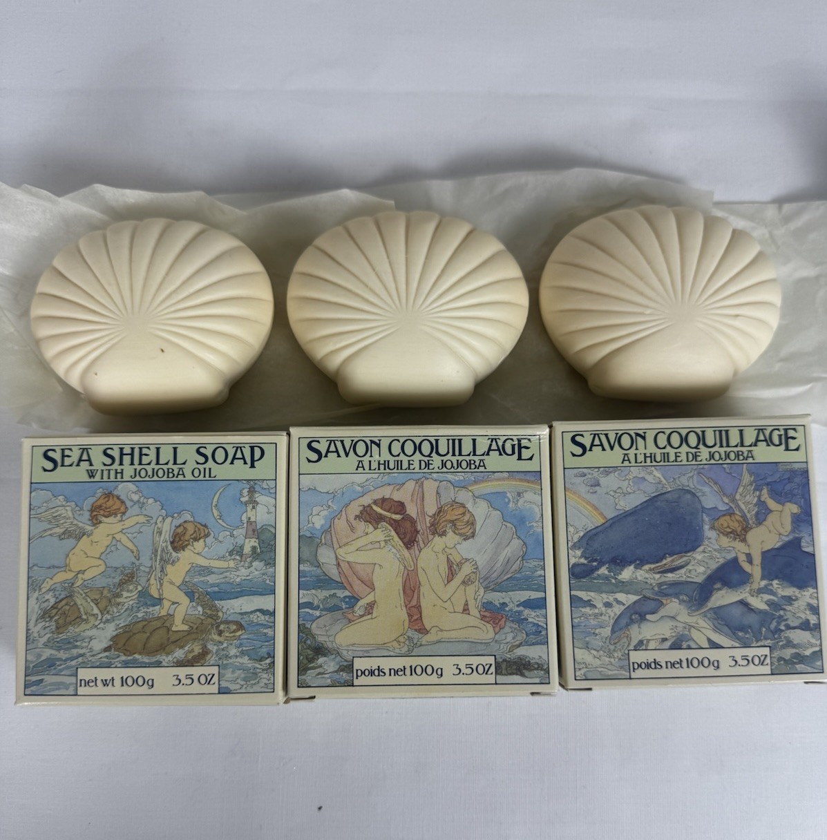 VTG 1988 Crabtree & Evelyn Jojoba Oil Sea Shell Soap Set Of 3 X 3.5oz Coastal -R