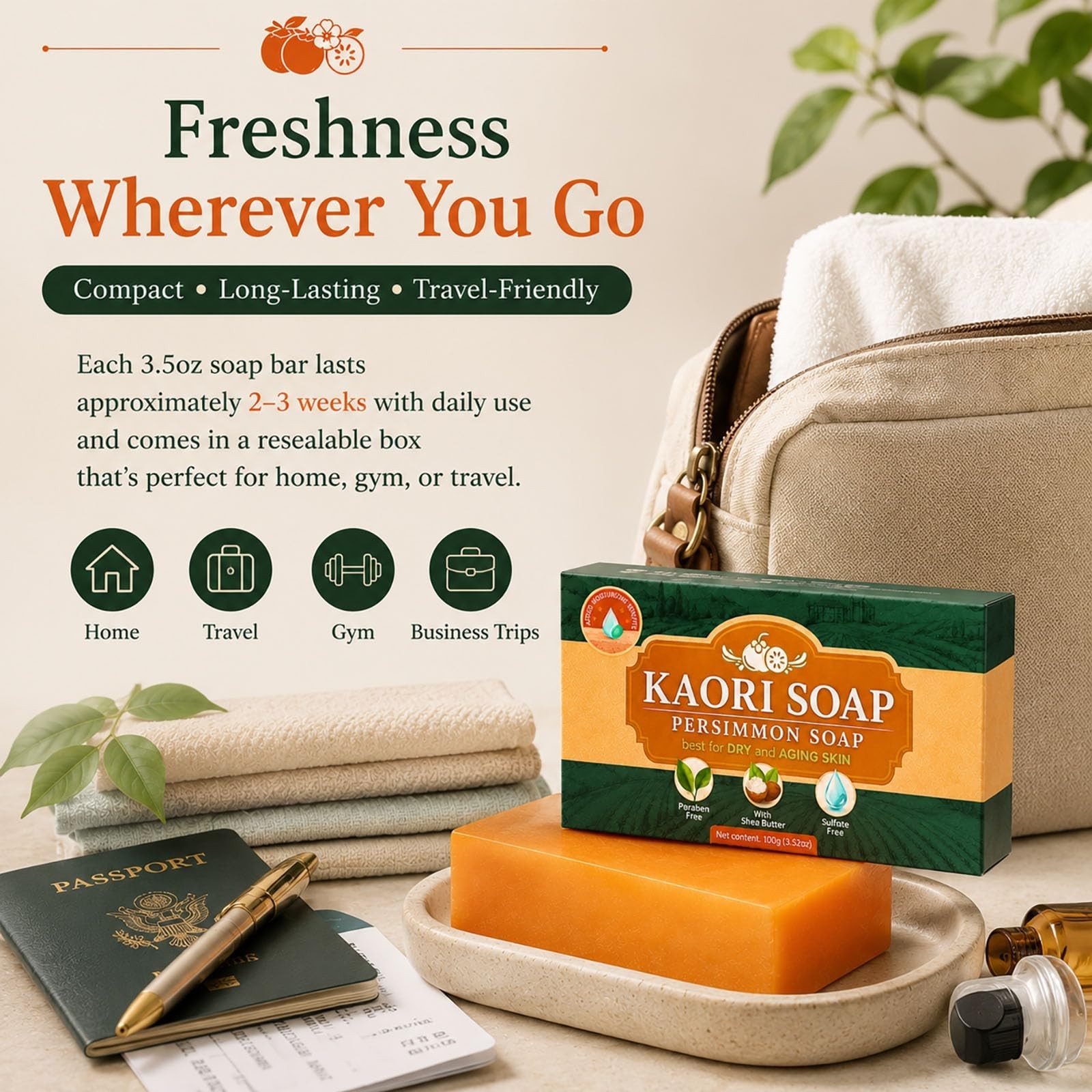 Natural Deodorizing Persimmon Soap for Dry Aging Skin, Green Tea Extract, Gentle