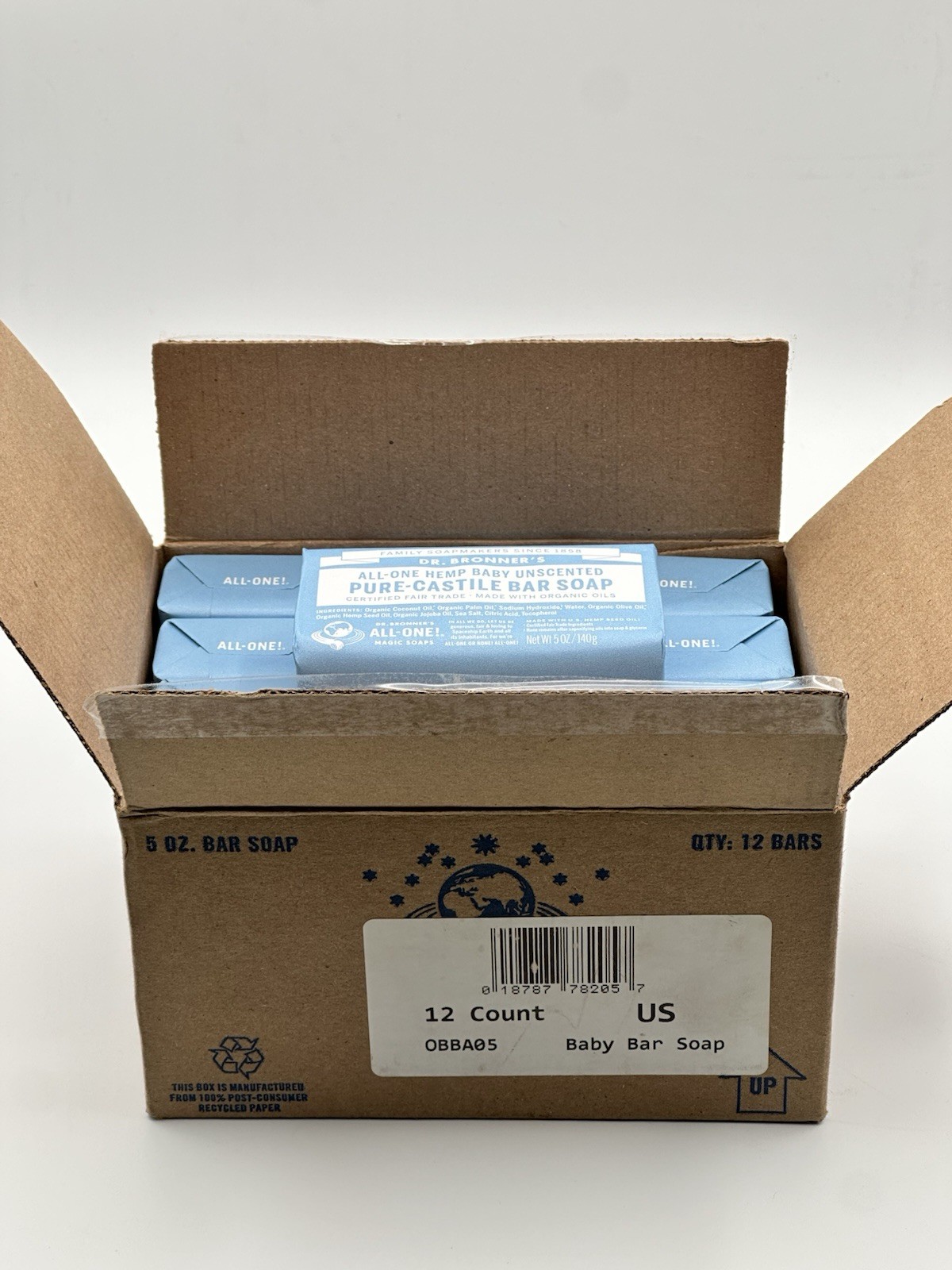 Dr Bronner’s All-One Hemp Baby Unscented Pure Castile Bar Soap 12 Pack 5oz Bars