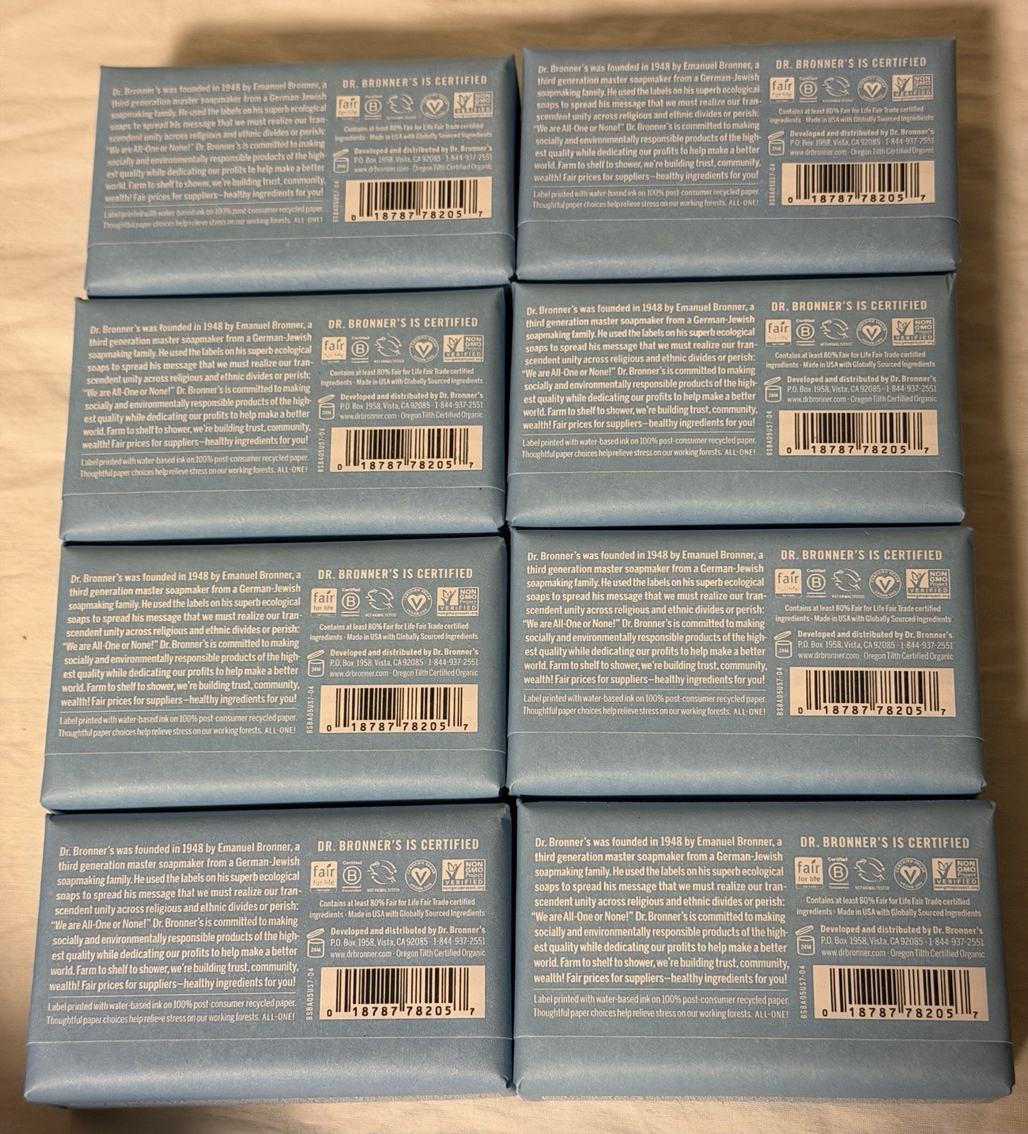 Dr. Bronner’s All-One Pure-Castile BABY UNSCENTED Soap 8 EIGHT 5 oz Bars