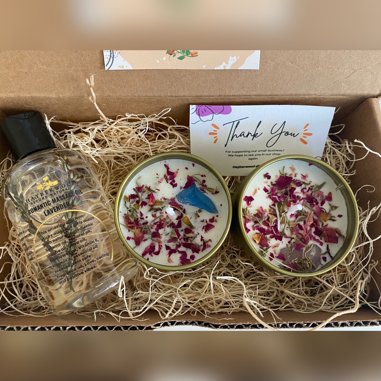 Romantic Massage Oil Gift Set,Gift For Couples,Herbal & Crystal Soy Candles,4 oz