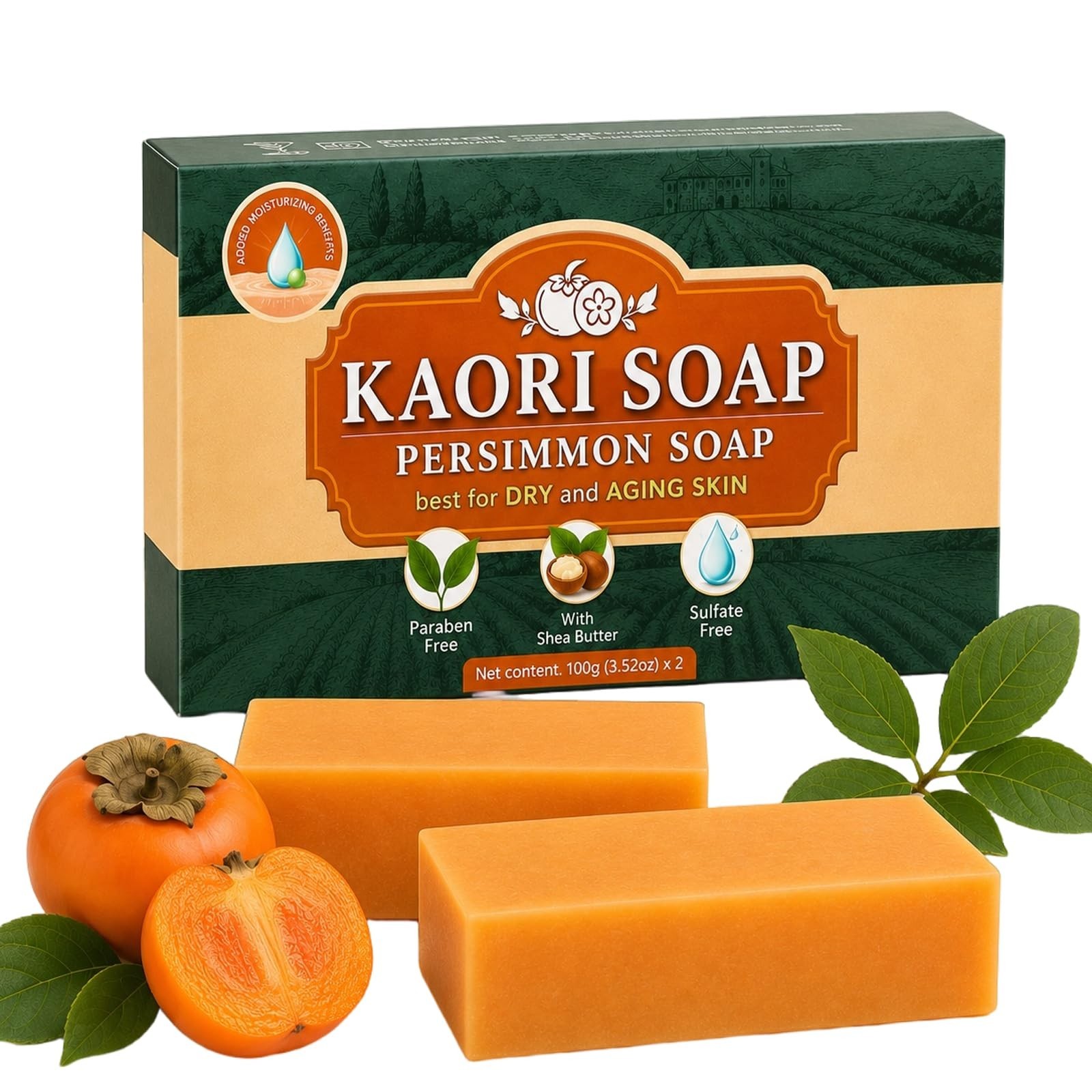 Natural Deodorizing Persimmon Soap for Dry Aging Skin, Green Tea Extract, Gentle