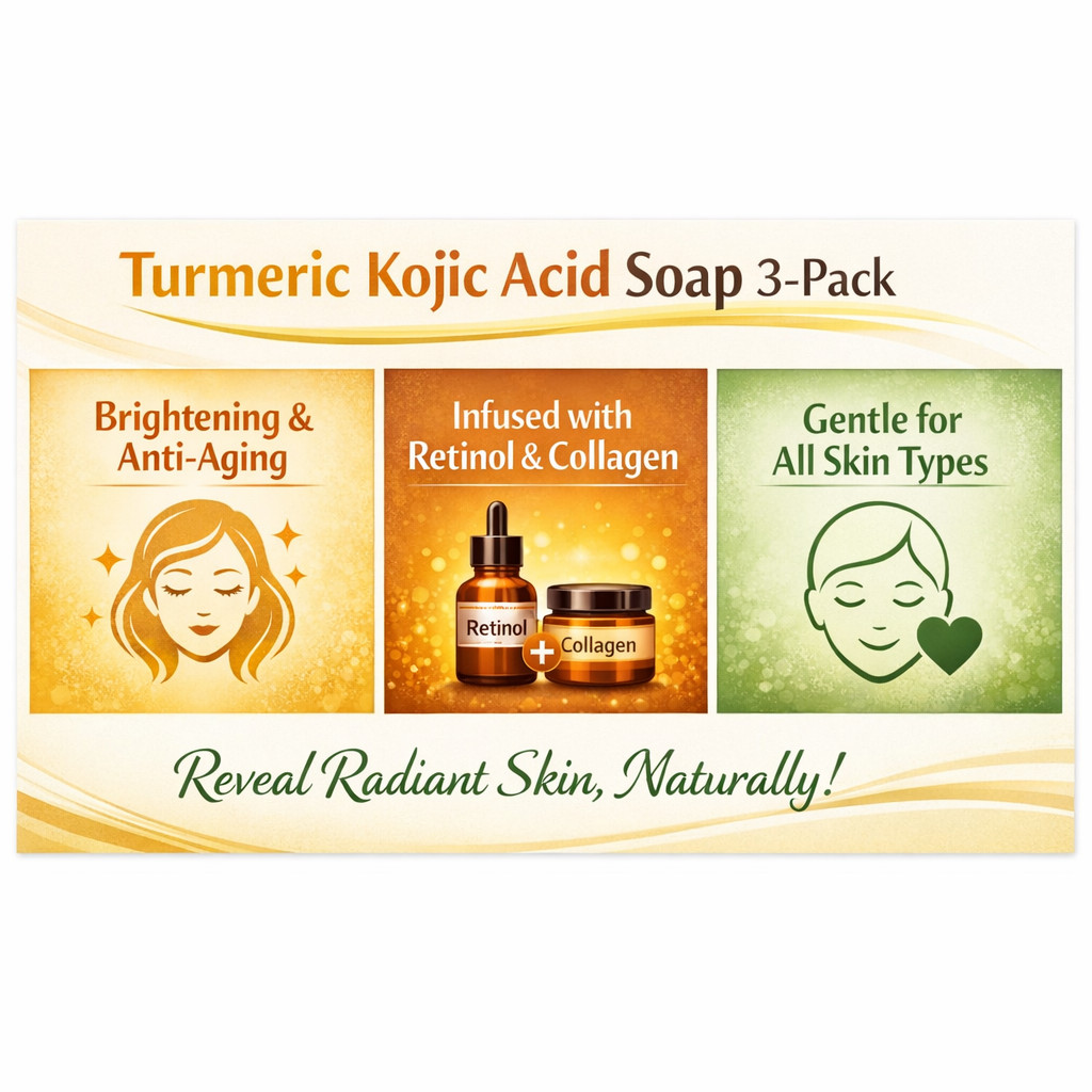 3 Pack Turmeric Kojic Acid Brightening Soap w/ Retinol, Collagen, Vitamin E 60g