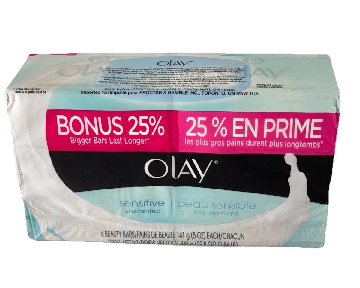 Olay Sensitive Unscented Skin Beauty Bar Soap 5 oz Each New & Sealed 6 Bars