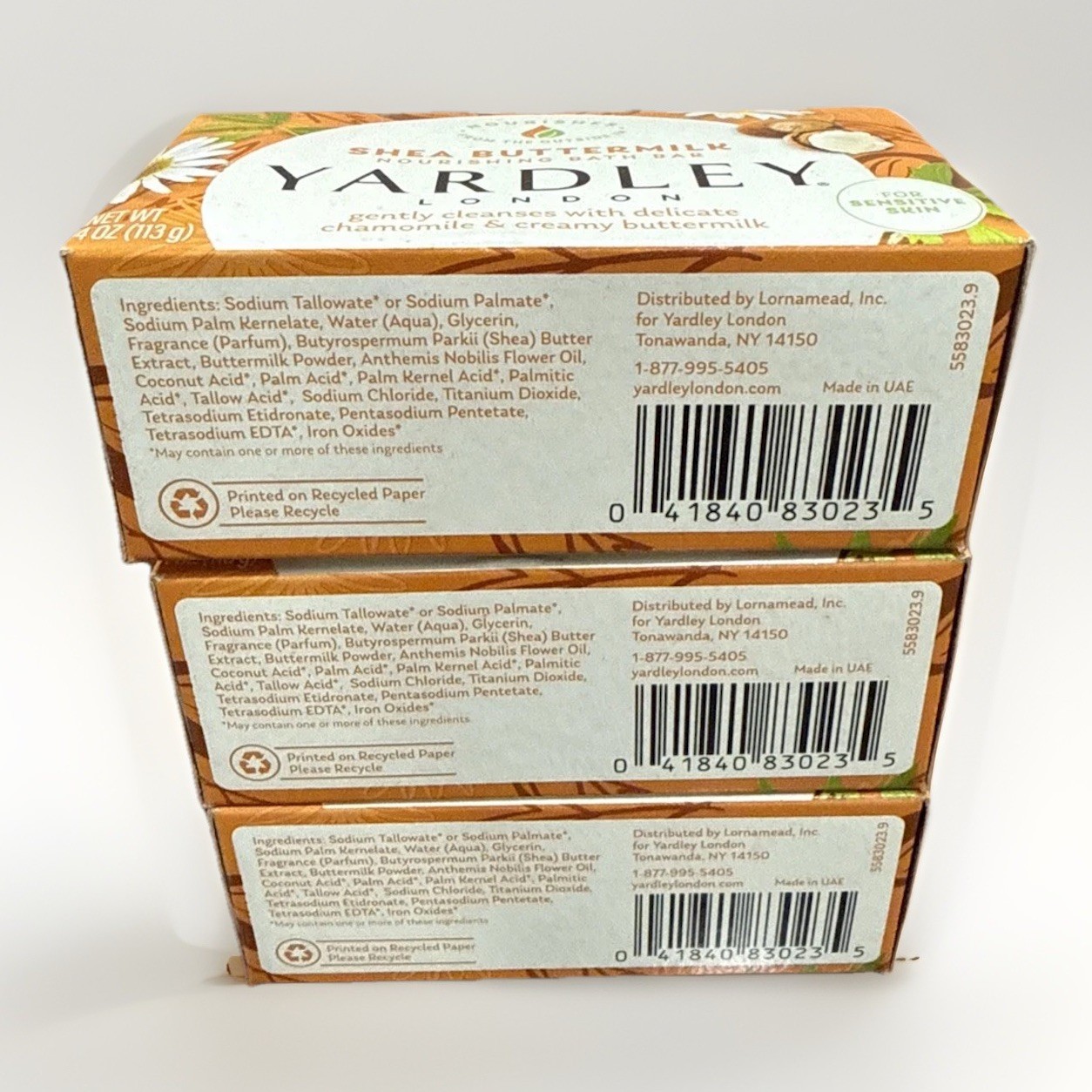 Yardley Shea Buttermilk and Chamomile Bar Soap 4.25 oz each NIB 3-Pack