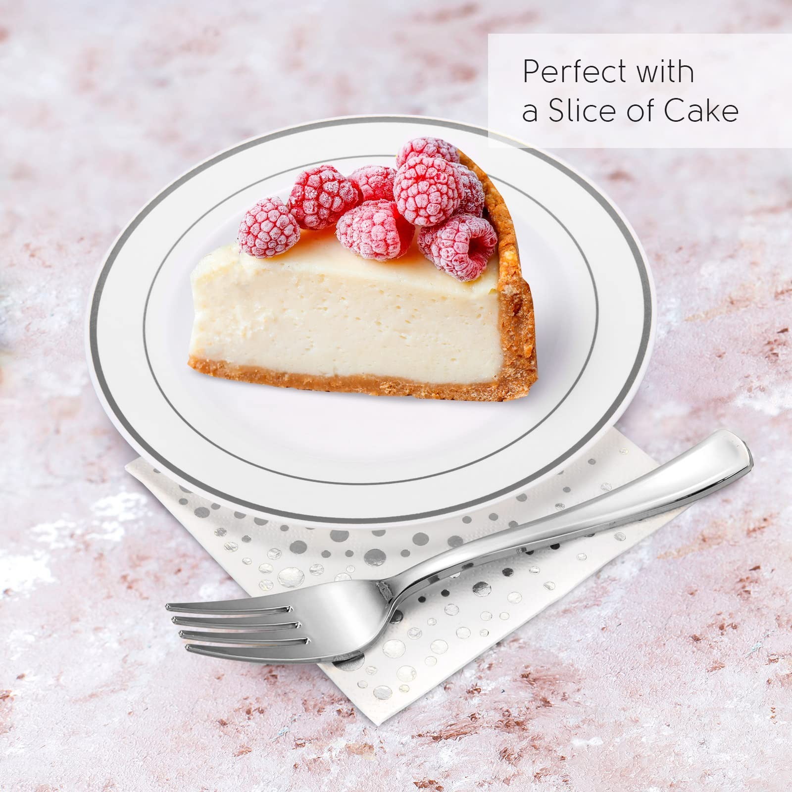 Stylish 7.5 Inch White and Silver Plastic Plates, Disposable Forks and Cockta…