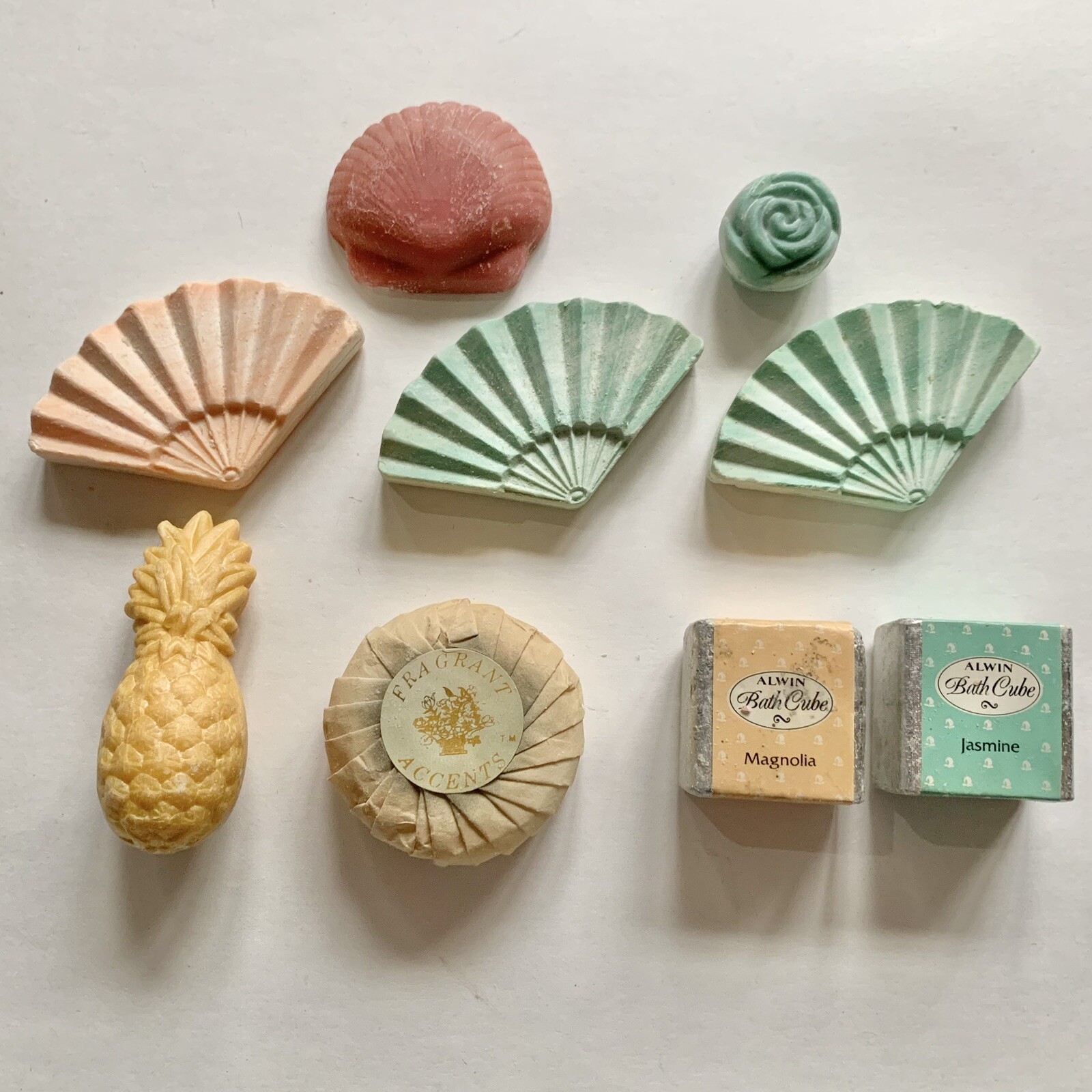 Lot of 9 Vintage Miniature Bathroom Soaps Fan Pineapple Shell Rose Cube Alwin