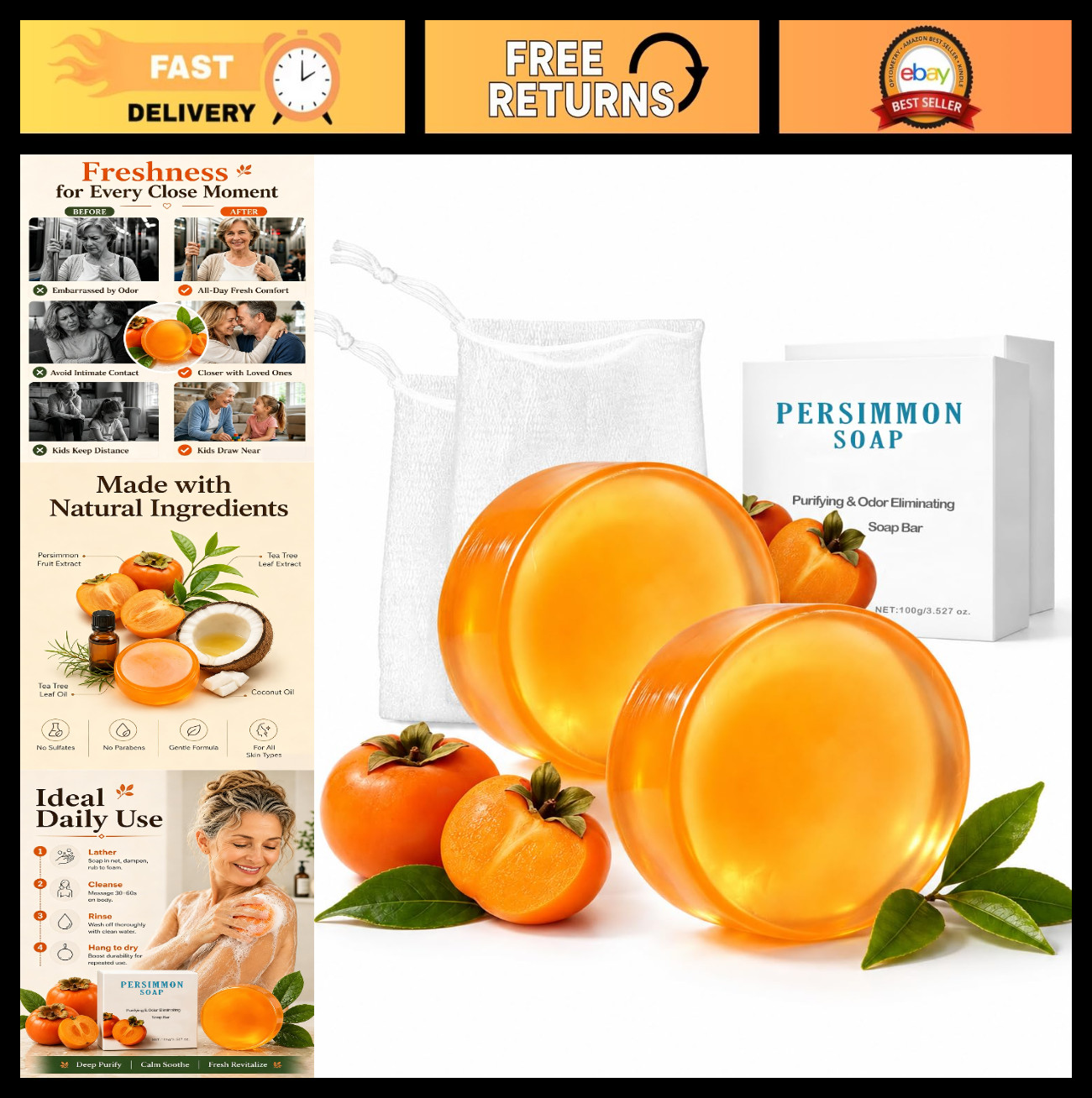 Natural Persimmon Soap Bars for Seniors – 2 Pack | Unisex, Fresh Scent, Gentle F