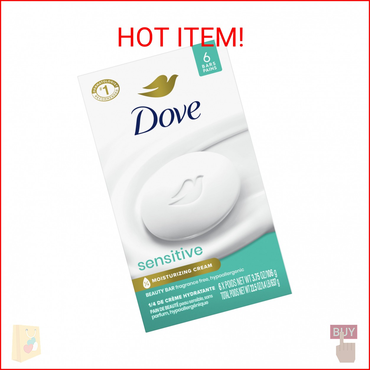 Dove Beauty Bar Soap Sensitive, 6 Bars for Sensitive Skin, Fragrance Free and Hy