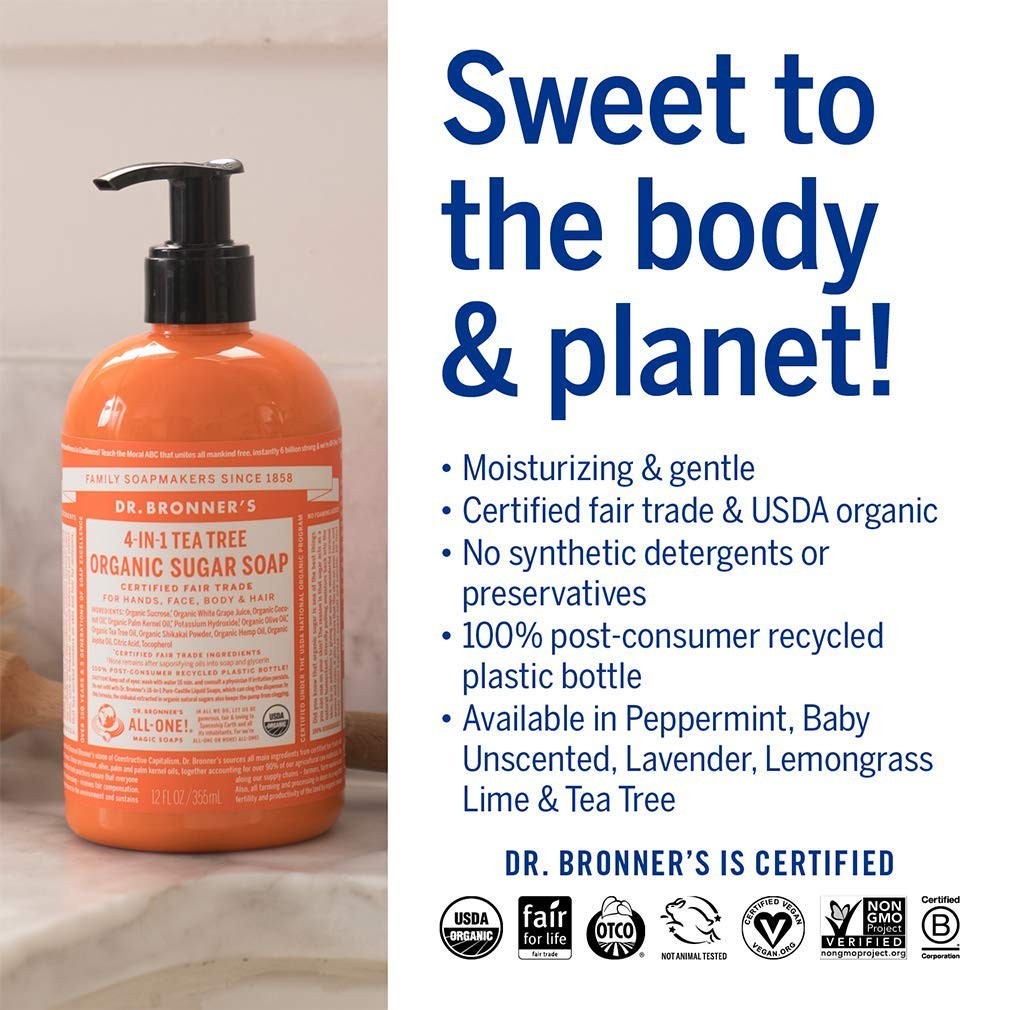 Dr. Bronner’s Organic Sugar Soap 12oz Variety Pack (4 Pack – LA, PP, TT, LG)