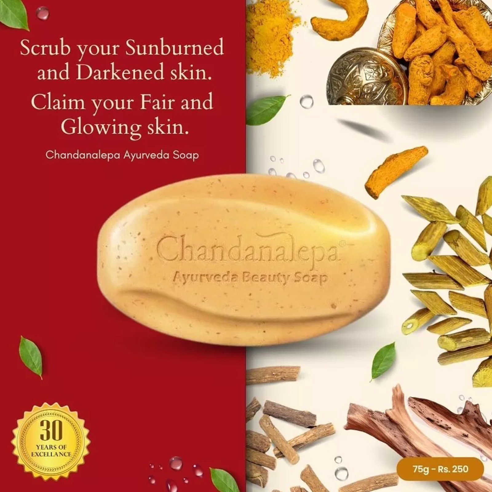 Chandanalepa Ayurvedic Beauty Bar Natural Soap 100g x 3 PacHealthy Glowing Skin