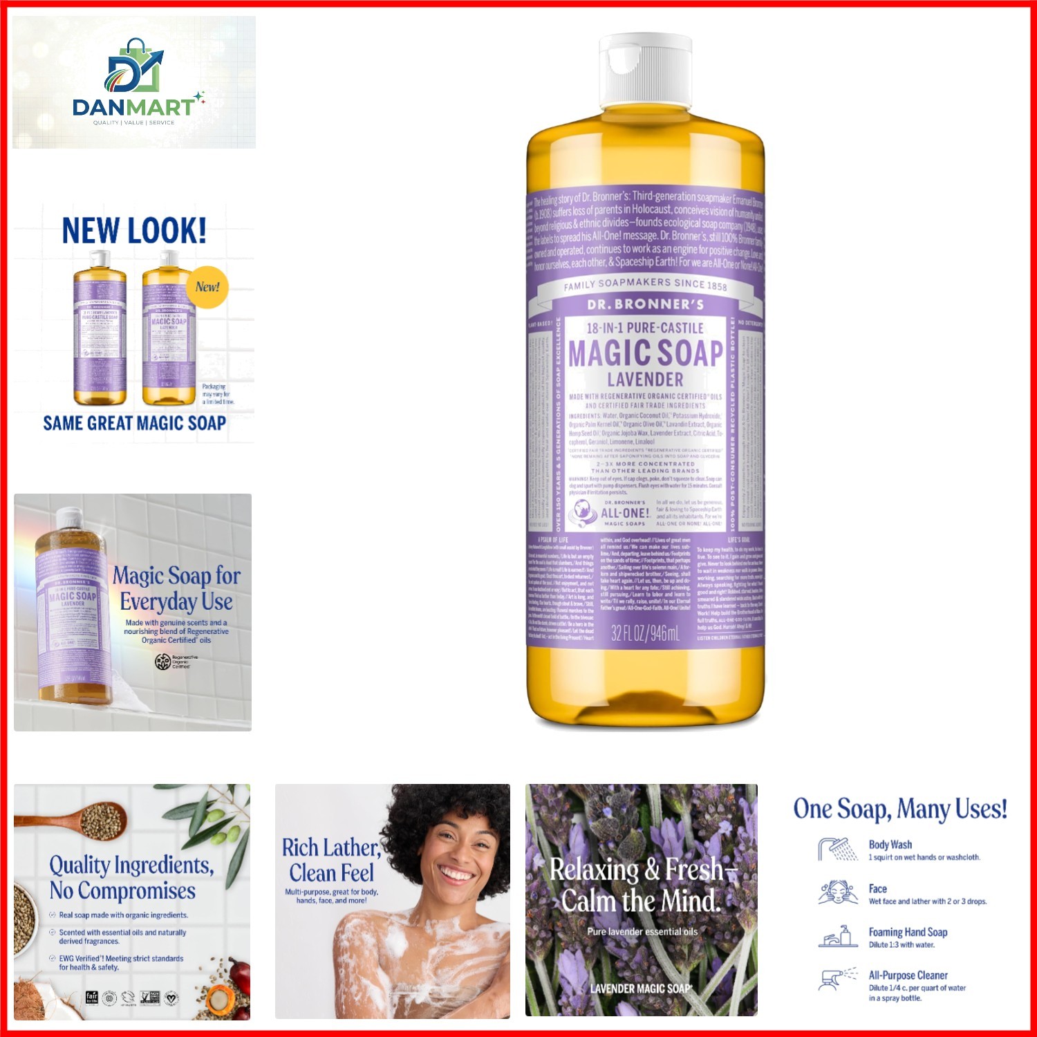 Pure-Castile Liquid Soap, Made with Organic Oils, 18-in-1 Uses: Face, Body, H…