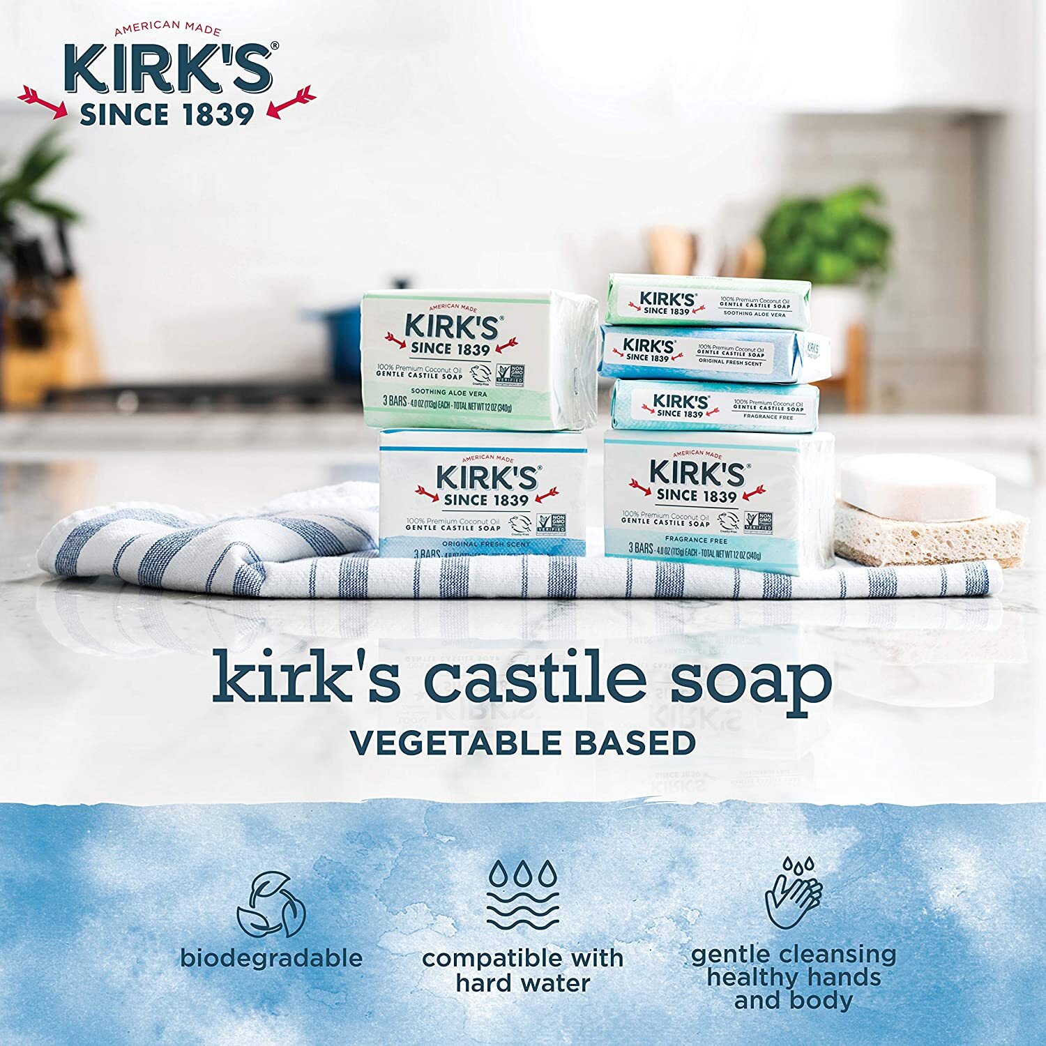 Kirk’s Vegan – Premium Coconut Oil Castile Soaps Original Fresh Scent- 12 Pack