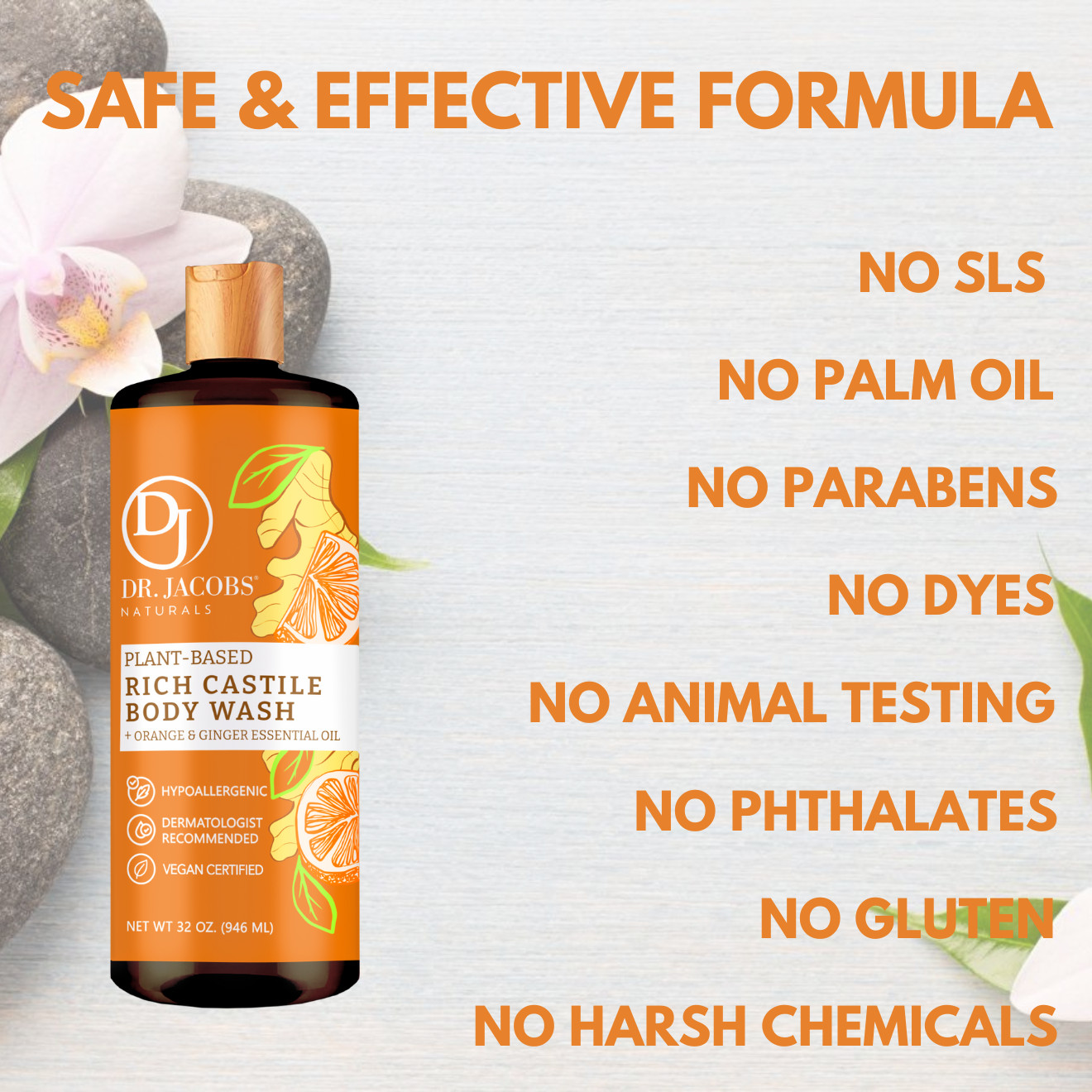 Dr Jacobs Naturals 32oz Orange Ginger Castile Body Wash Soap Plant-Based