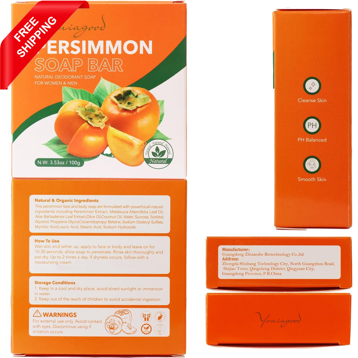 3 PCS Persimmon Soap Bar for Body Odor Control, Natural Refreshing Body Bar Soap