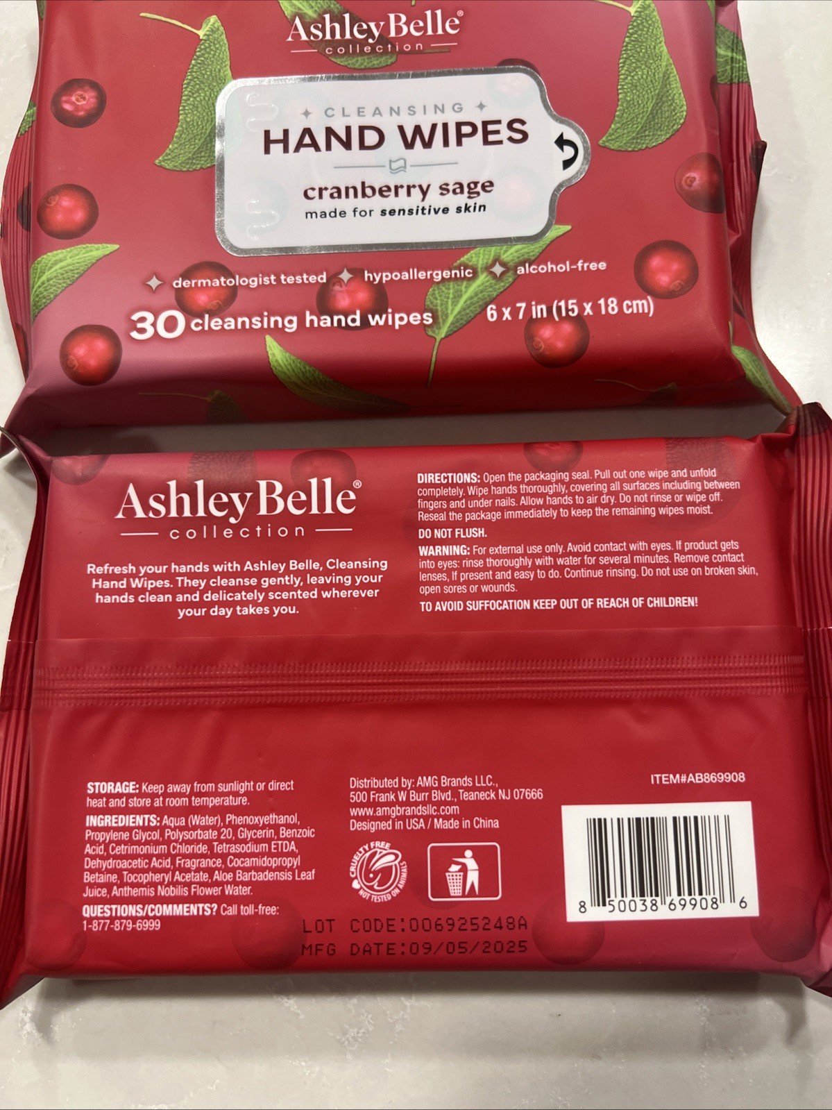 Ashley Belle Hand Wipes Cranberry Sage 60 Total Lot Of 2 New