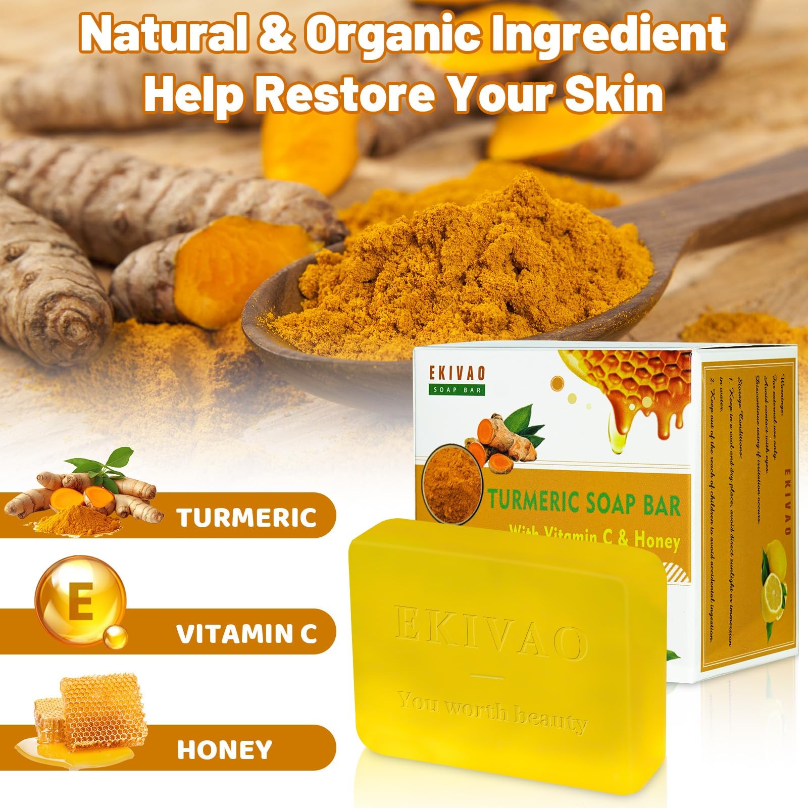 EKIVAO 3Packs Best Turmeric Soap Bar, Organic 3.5 Ounce (Pack of 3), yellow