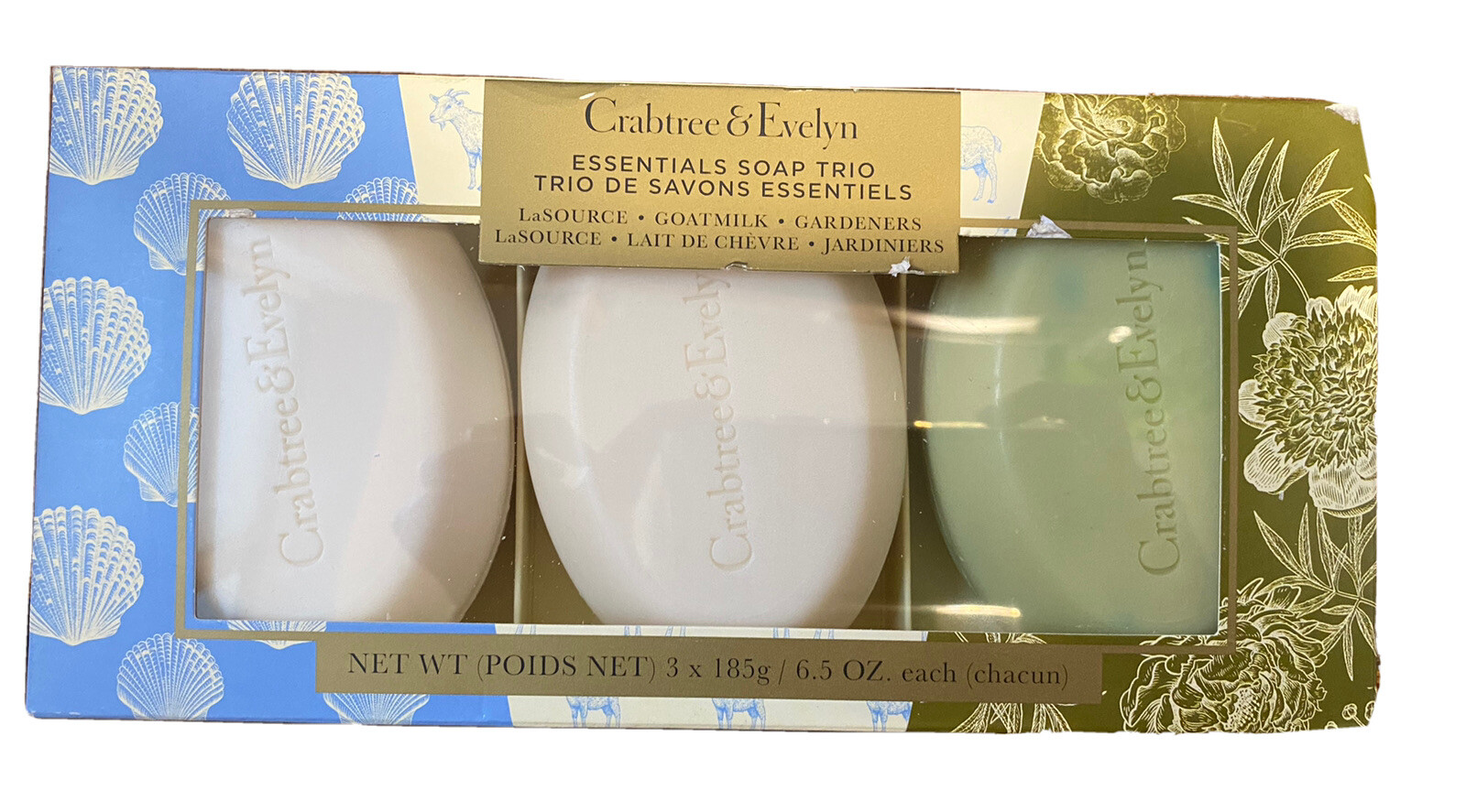 CRABTREE & EVELYN ESSENTIALS SOAP TRIO LA SOURCE – GOATMILK – GARDENERS 6.5oz EA