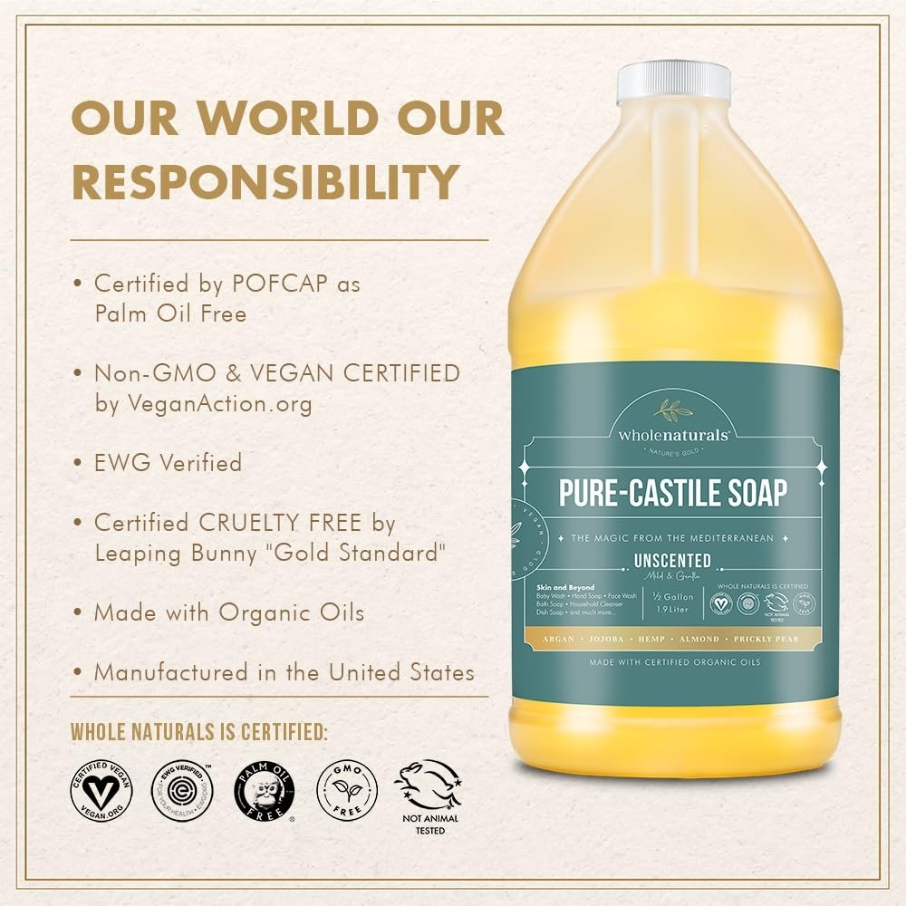 EWG Verified Castile Soap Liquid – Unscented, Certified Organic 1 Gallon Duo