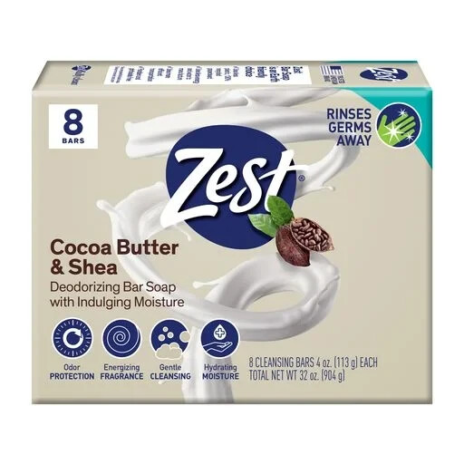 Zest Cocoa Butter & Shea Deodorizing Bar Soap Moisture, 8 Bars, 4 oz each…