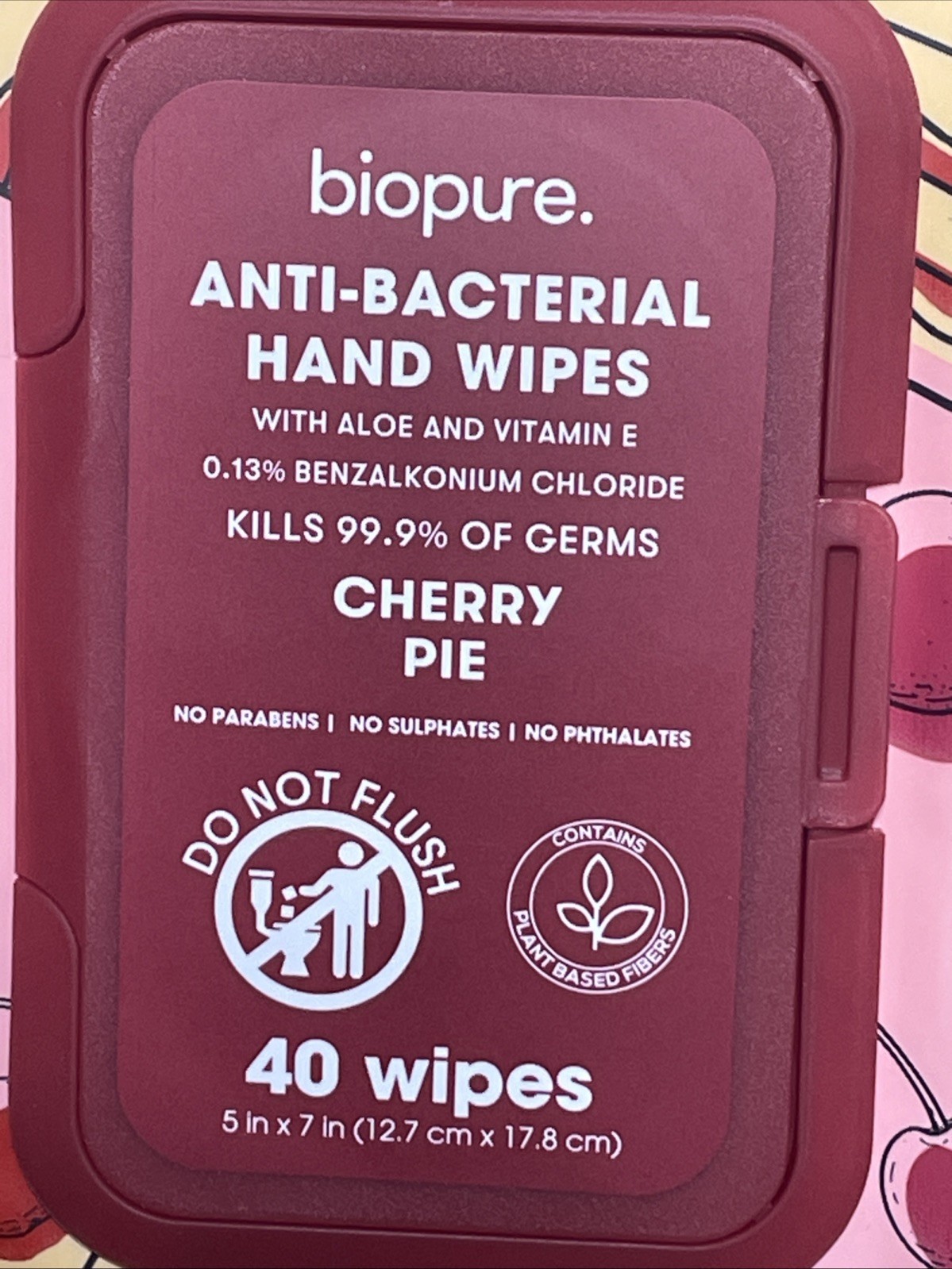 Lot Of 2 Biopure Anti-Bacterial Hand Wipes Cherry Pie 80 Total New
