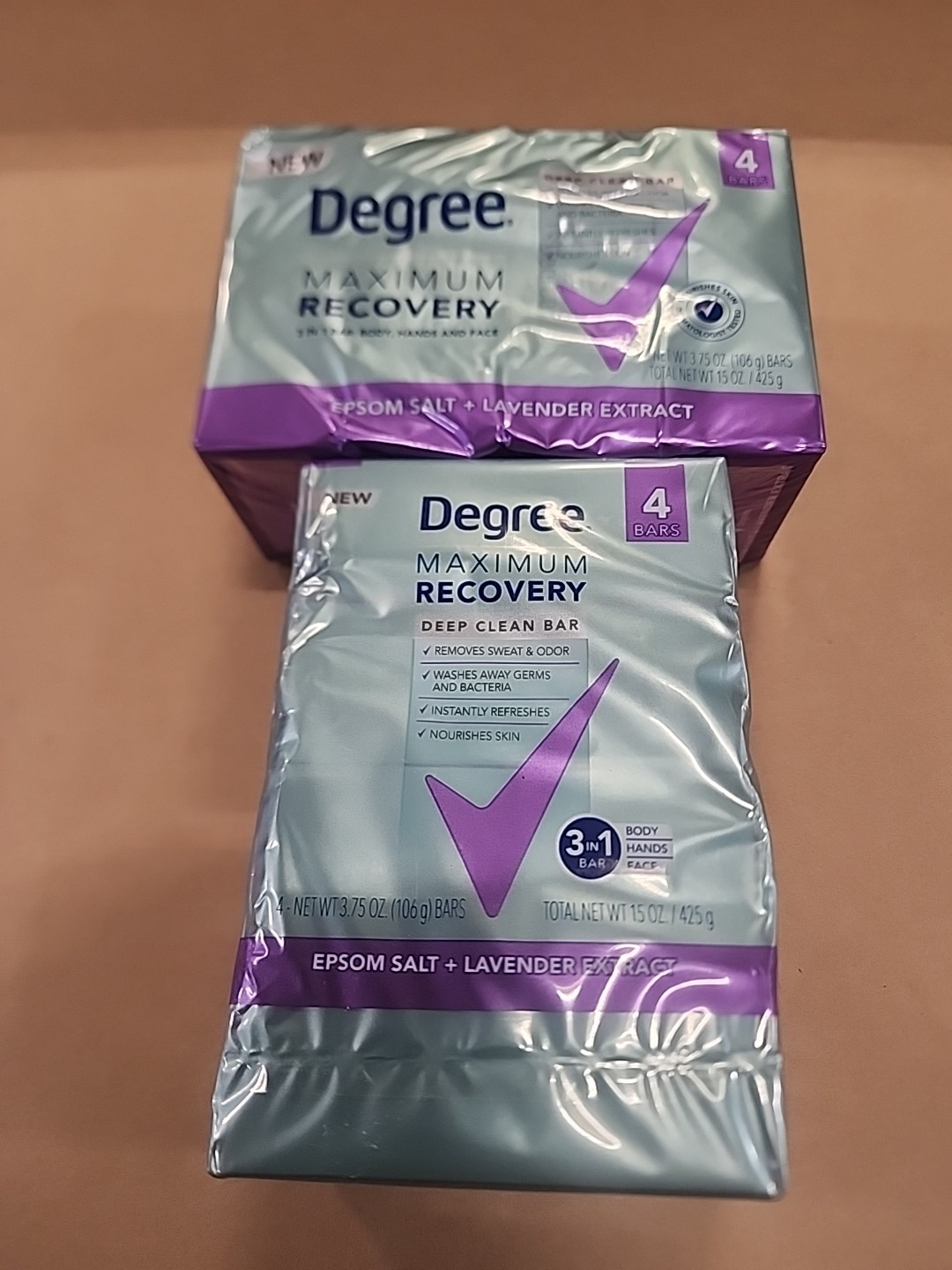 8X Degree Max Recovery 3-in-1 Soap Bar Body Face, Epsom Salt + Lavender 3.75 OZ