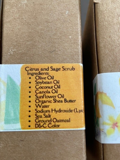 lot of 5 olive oil soaps cit+sage,Desert spr, Peach Tea scrub/ raspberrie (read