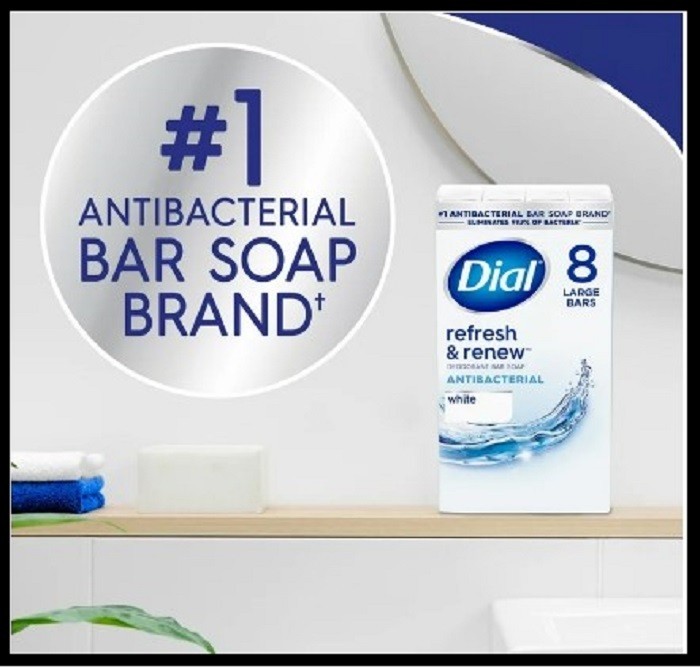 Dial Antibacterial Bar Soap, Refresh & Renew, White, 4 oz, 8 Bars