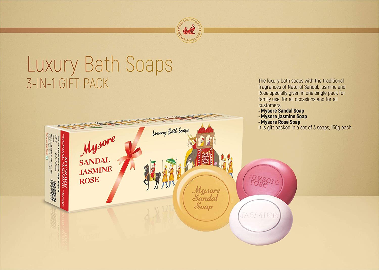 Mysore Sandal, Jasmine & Rose Soap Bar 150g Each – Luxury Bath Soap (Pack of 3)