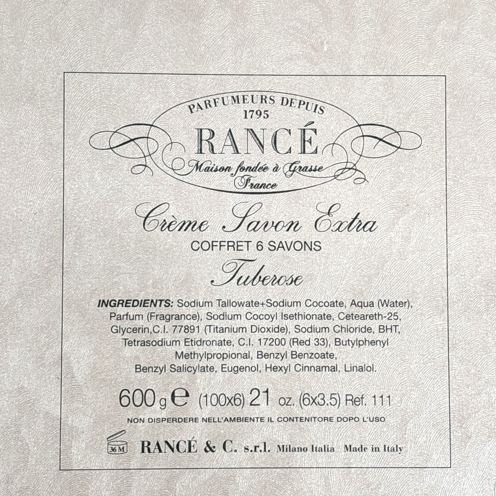 Rance 1795 Creme Savon Extra Tuberose Bar Soap Set of 6 Bars (3.5oz) Italy NIB