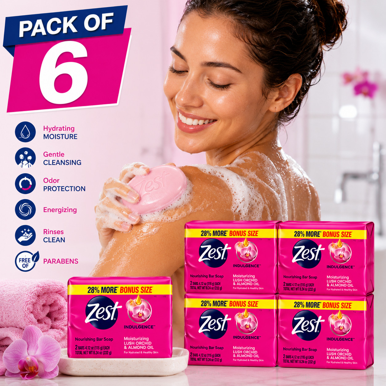 1 Pack of 6 Zest Indulgence Deodorant Bar Soap 4.12 oz Bars Lush Orchid & Almond