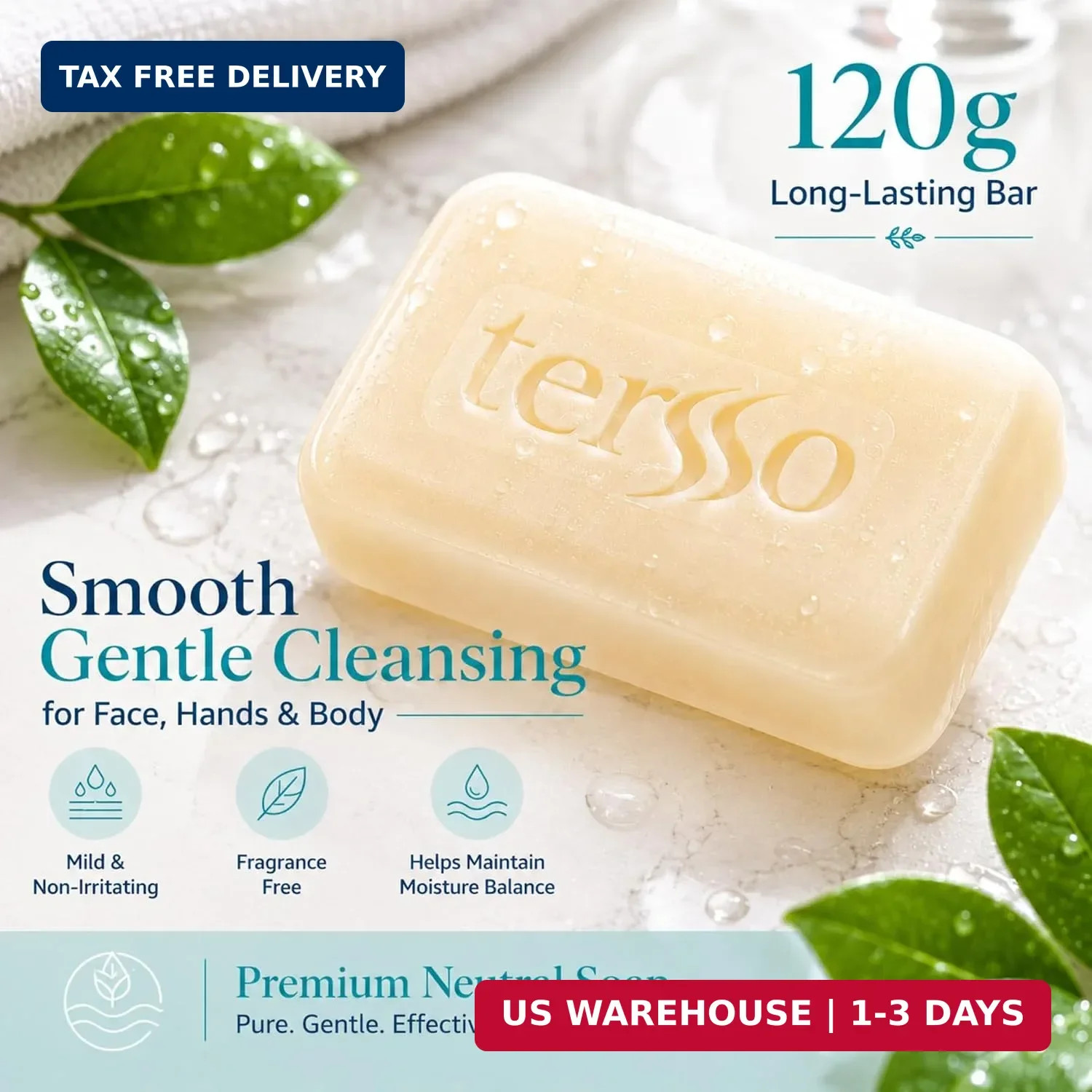 Tersso Hypoallergenic Neutral Soap Bar 120 g 3 Pack for Sensitive Skin, Gentle F