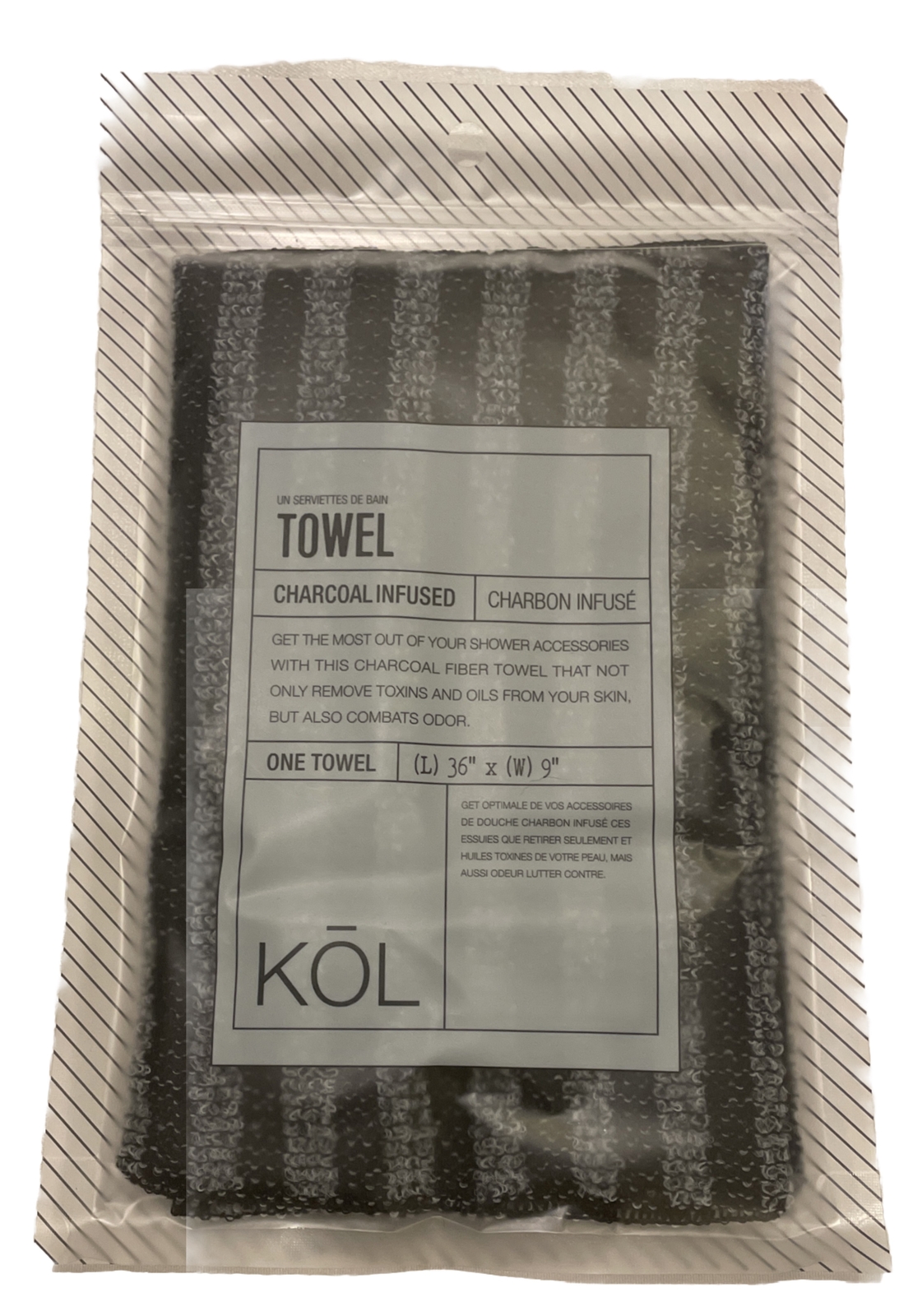Donnamax KOL Charcoal Infused Towel 36″x9″ Black/Gray Striped (NEW)