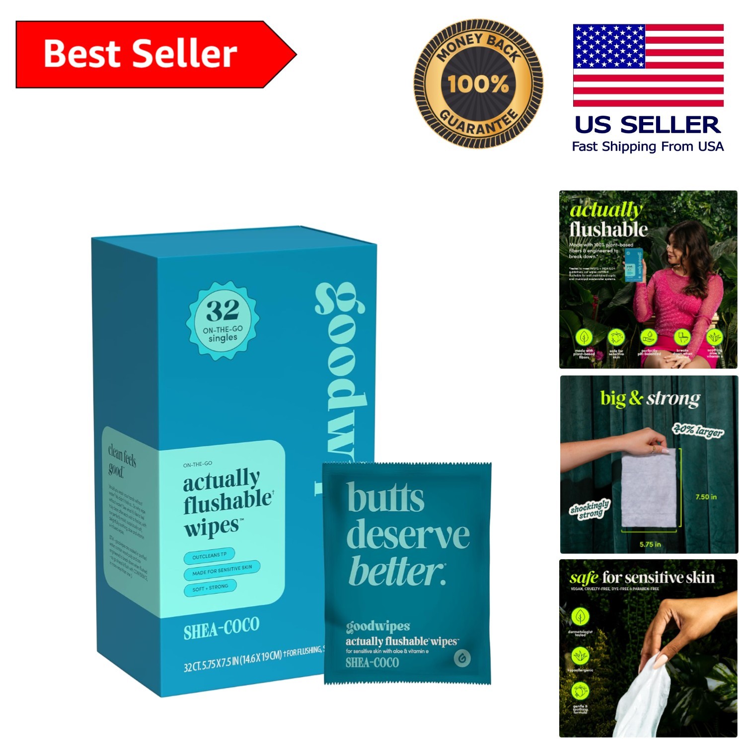 Gentle Shea Coco Flushable Wipes – Individually Wrapped, Septic Safe – 32 Count
