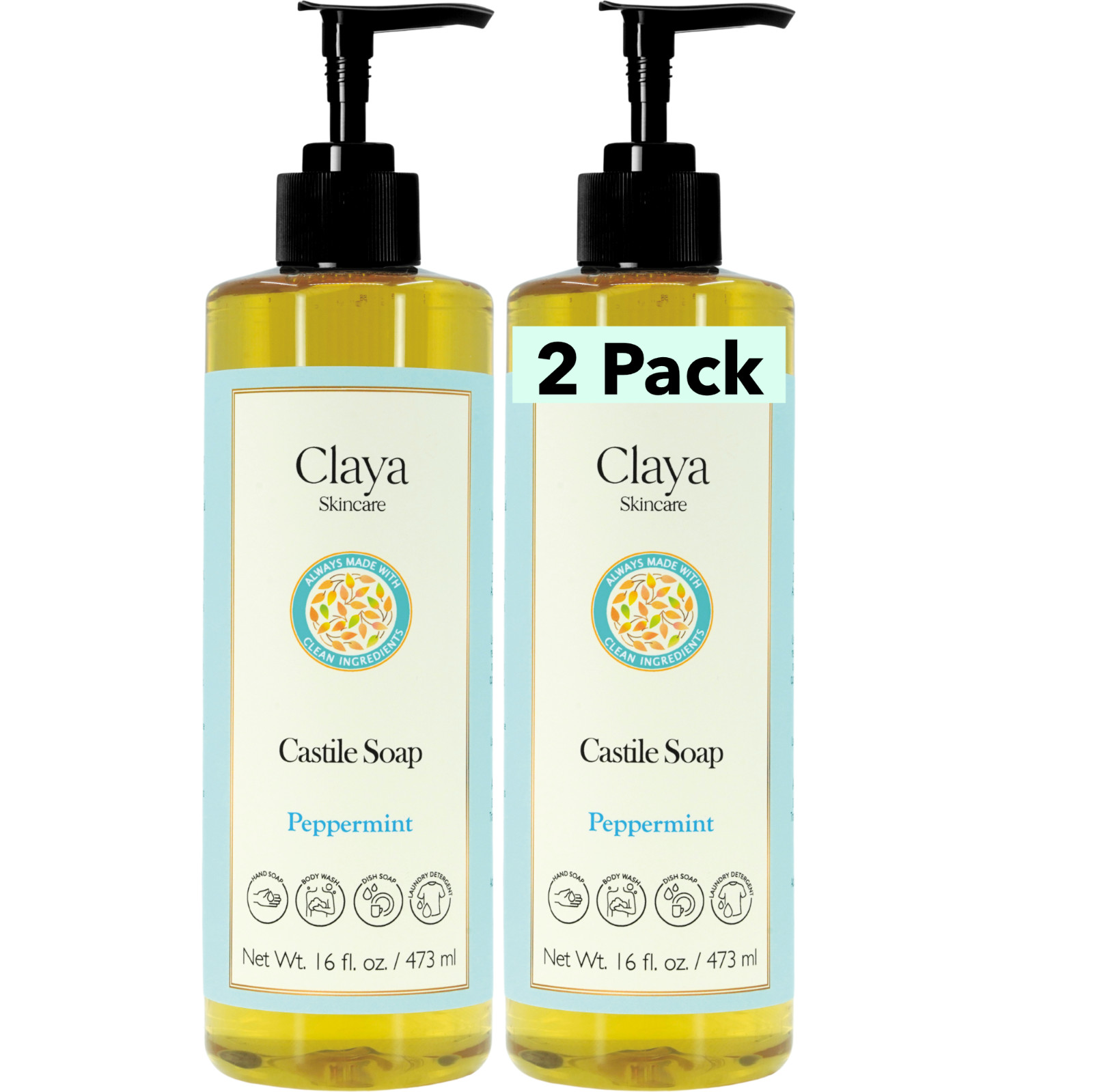 Peppermint Liquid Castile Soap (2 pack ) – Organic Ingredients, Gentle for skin
