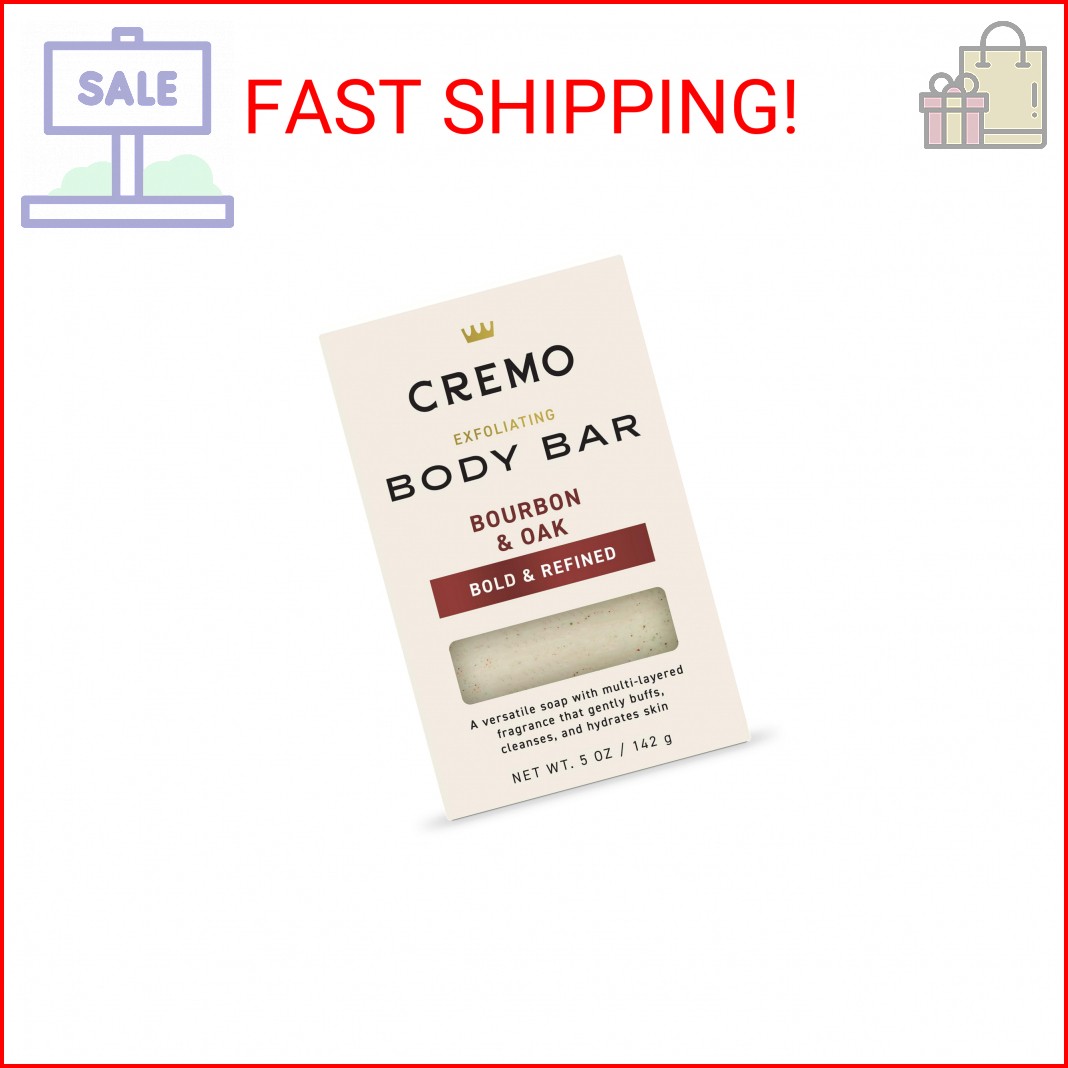 Cremo Exfoliating Body Bar for Men, Bourbon & Oak Scent, Multi-Layered Fragrance