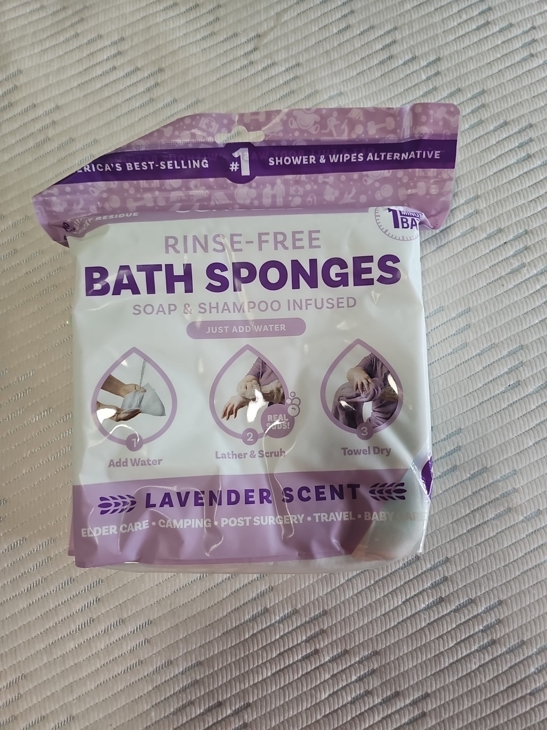 SCRUBZZ Lavender Rinse-Free Bath Sponges 25-Pack Soap & Shampoo