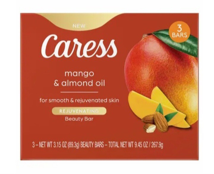NEW! CARESS (3-BARS) 3.15 Oz. Bars •MANGO & ALMOND OIL• Rejuvenating Beauty Bar.