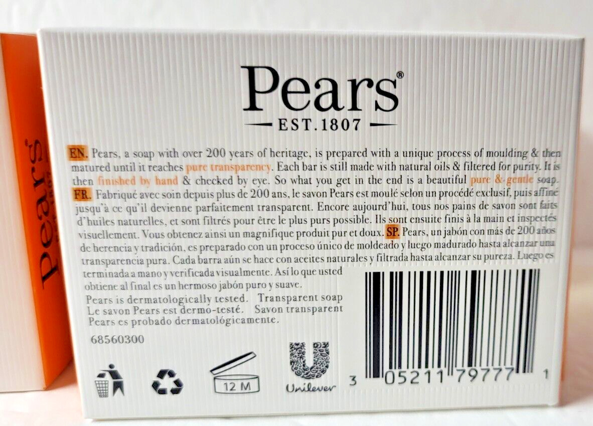 Lot of 4 Pears Transparent Glycerin Bar Soaps Orange 3.53 oz Each Pure & Gentle