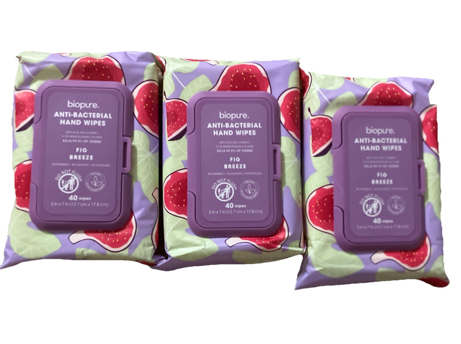 BIOPURE 3CT FIG Breeze Anti-Bacterial Hand Wipes 80CT Travel Office Car Fruit