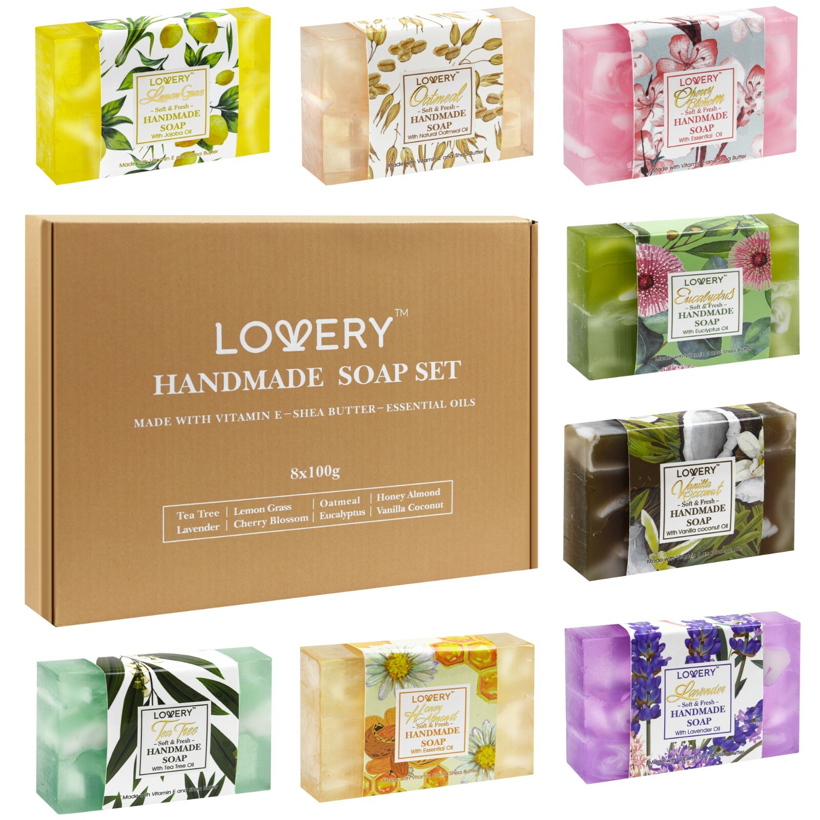 Handmade Soap Set – 8 Piece Variety Pack Luxury Bath Soap Gift Box – 100g Each