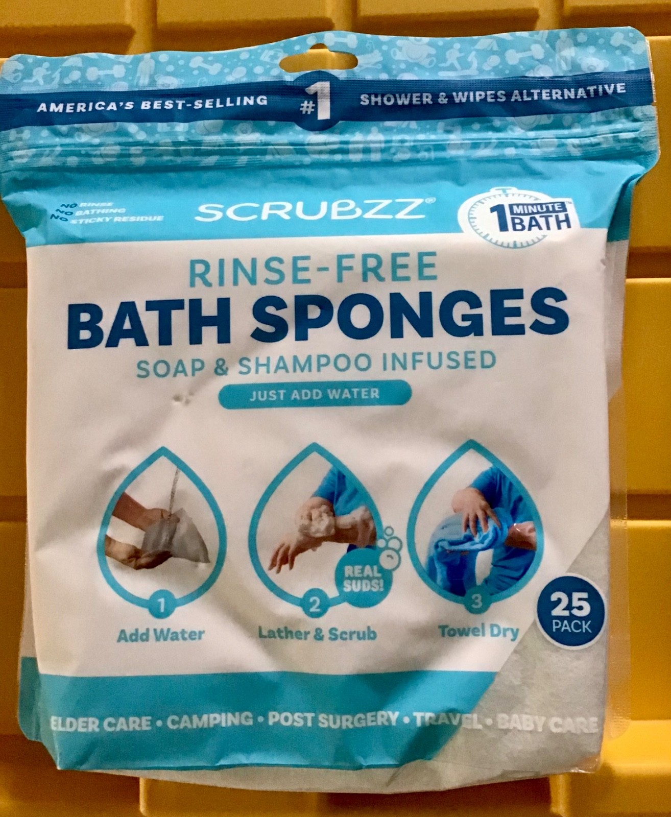 Scrubzz Disposable Rinse Free Bath Sponges Sensitive Skin Soap and Shampoo 25 Ct