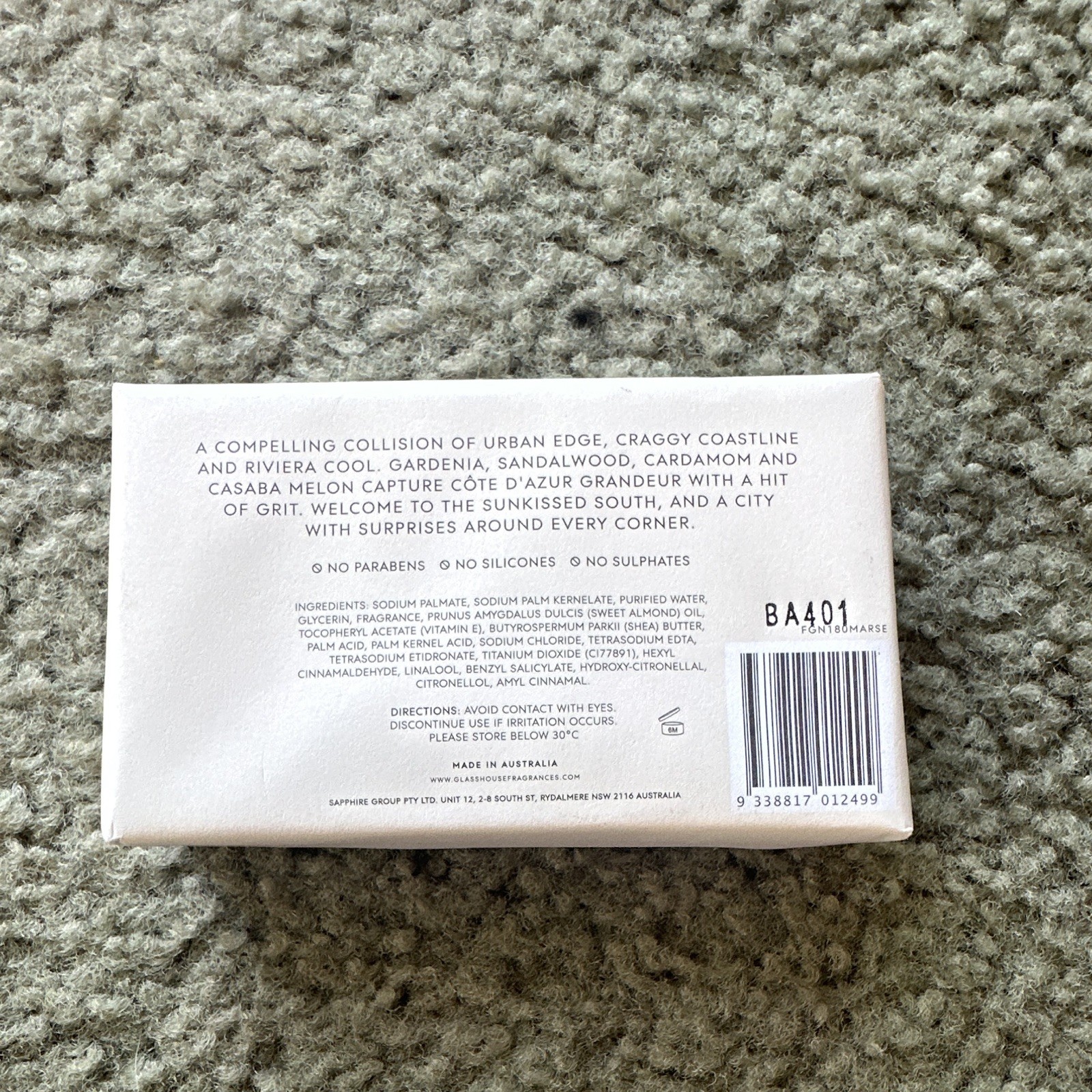 Glasshouse Fragrances Marseille Memoir Gardenia Body Bar Soap 180g 6.3oz