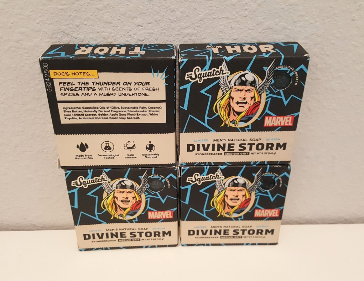 4 Pk: Dr. Squatch Marvel Thor DIVINE STORM Med. Grit 5oz Soap Bar