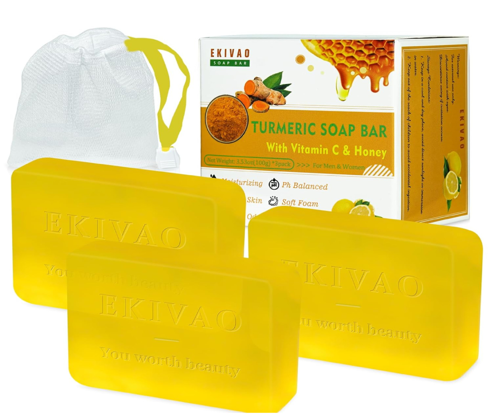3Packs Best Turmeric Soap Bar, Organic Tumeric Soap for Face and Body, Honey Lem