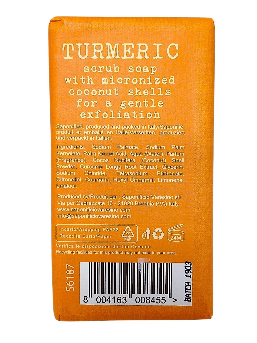 Italy Saponificio Tumeric Scrub Bar Soap 10oz Toning Brighten Cocunut Hydrating