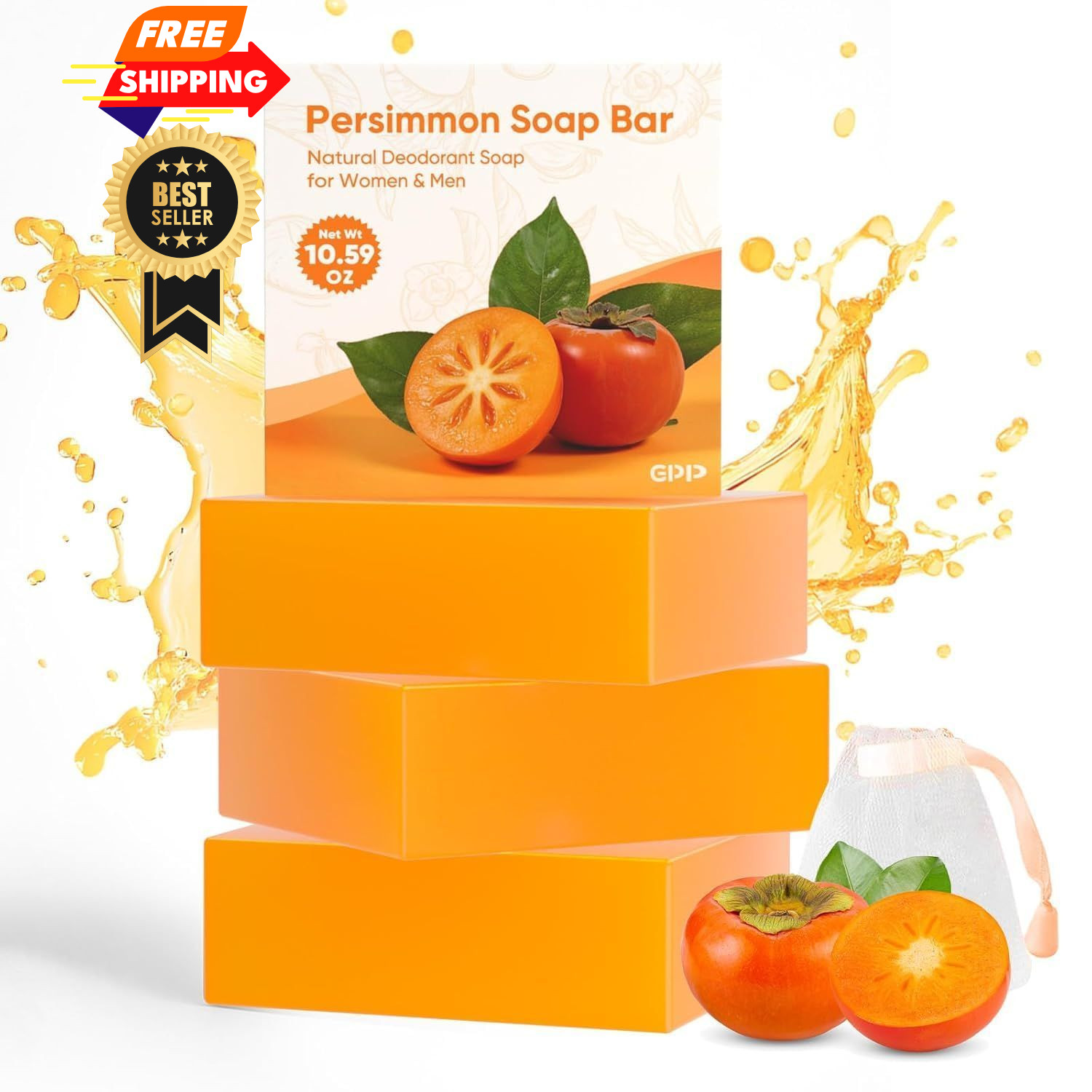 GPP Persimmon Soap Bar for Body Odor Control – 3 PCS 3.53 Ounce (Pack of 3)
